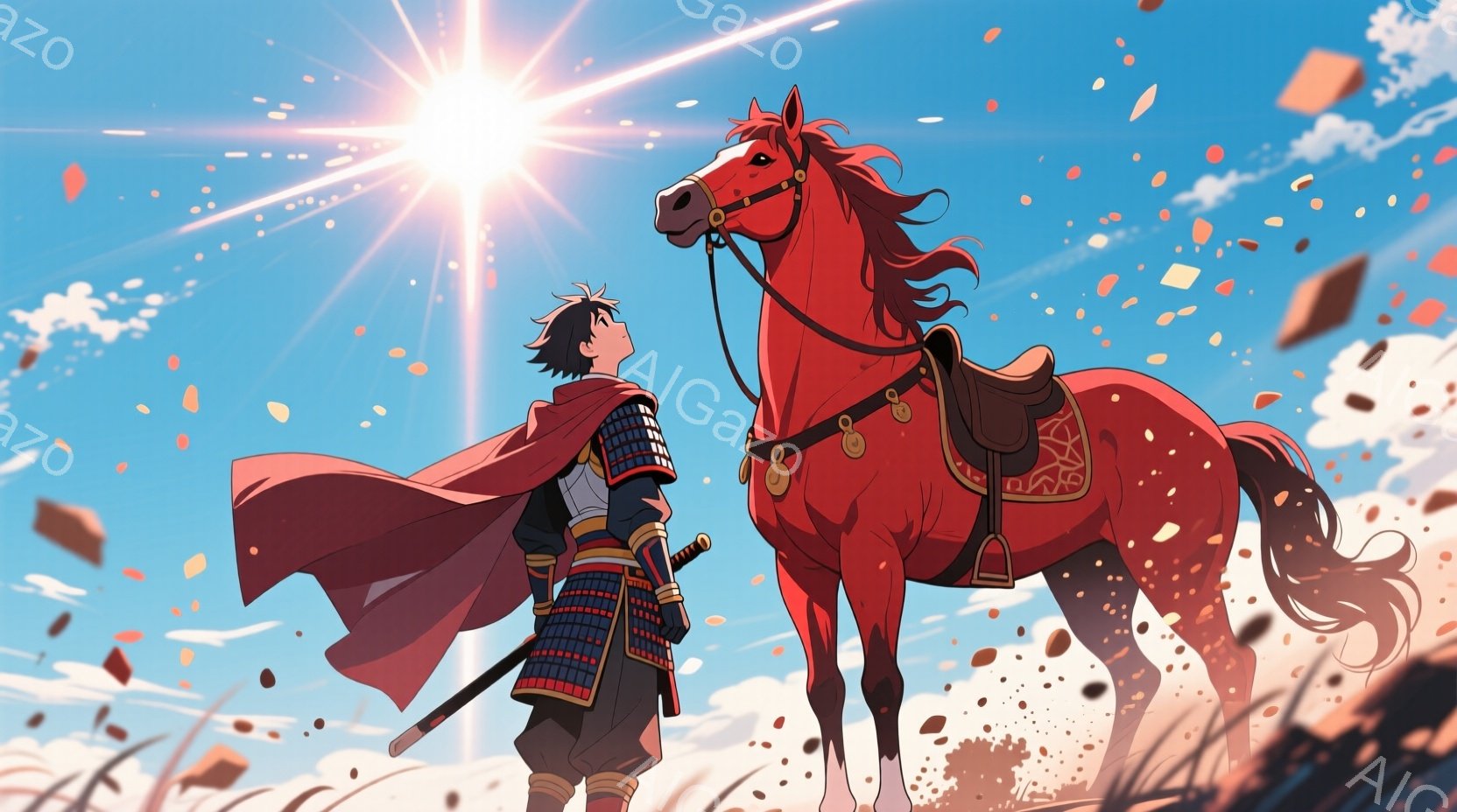 赤い背景と青空の下、武士と馬が描かれている。武士は赤色の陣羽織を羽織り、黒色の甲冑を身に着け、腰には刀を携えている。馬は赤毛で、白い模様があり、武士を見下ろしているように見える。