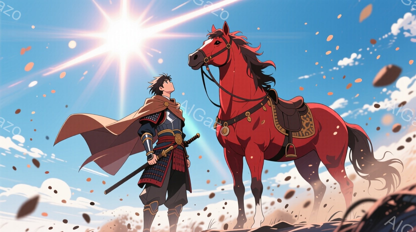 少年は、肩当てと胸当てをつけた鎧を身に着け、袴姿で立っており、腰には刀を佩びています。彼の髪は短く、表情は上を見上げて決意に満ちています。背景には、赤い毛並みの馬が誇らしげに立っており、空には強い日差しが差し込み、まるで戦場のような埃っぽい風景が広がっています。