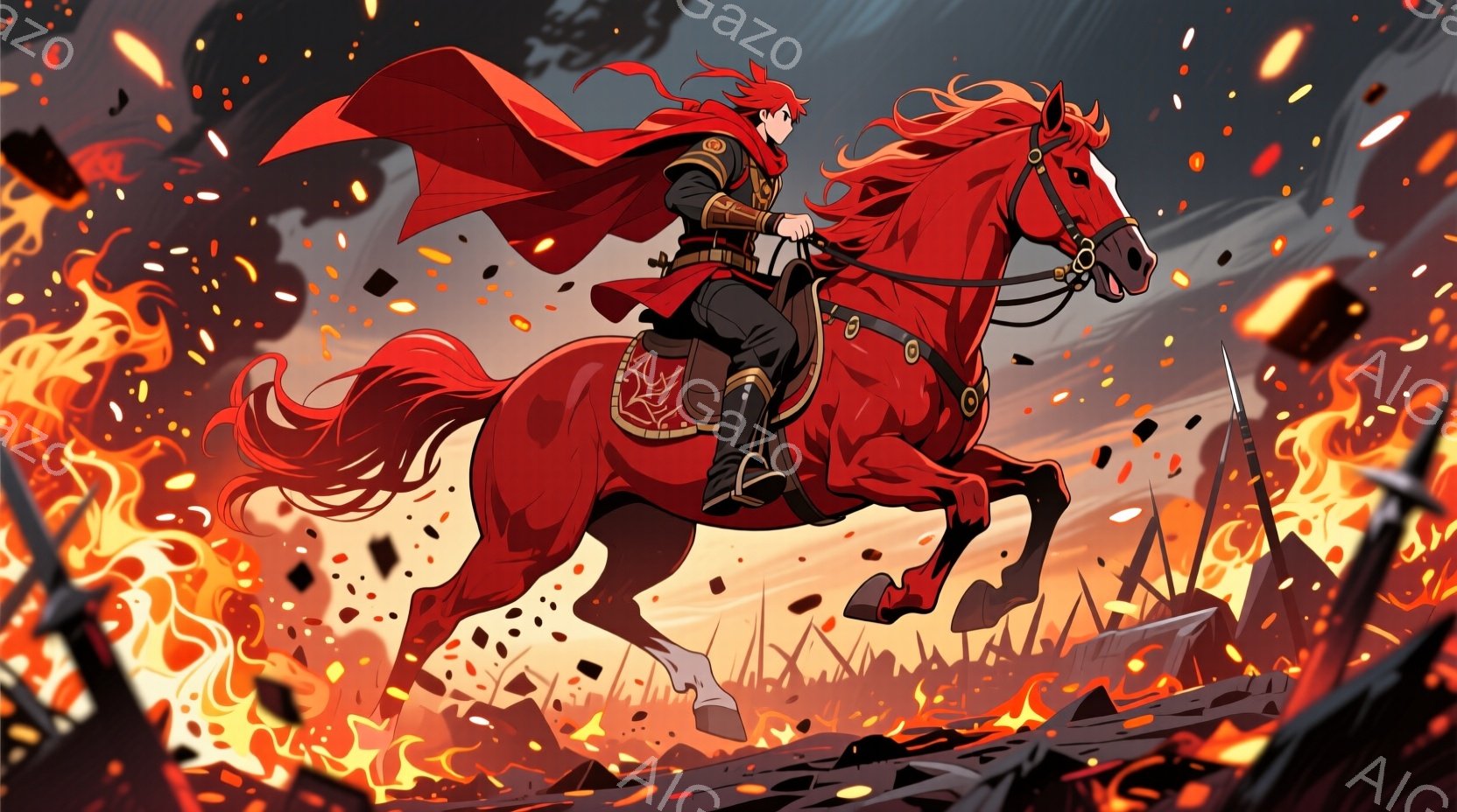 赤い髪の男性が、白い足を持つ赤い馬に乗り、戦場を疾走している。男性は赤い装飾のある軍服に身を包み、風になびく赤いマントを羽織っている。背景は炎に包まれた建物や煙が立ち込める戦場であり、全体的に激しい戦闘と英雄的な雰囲気を醸し出している。