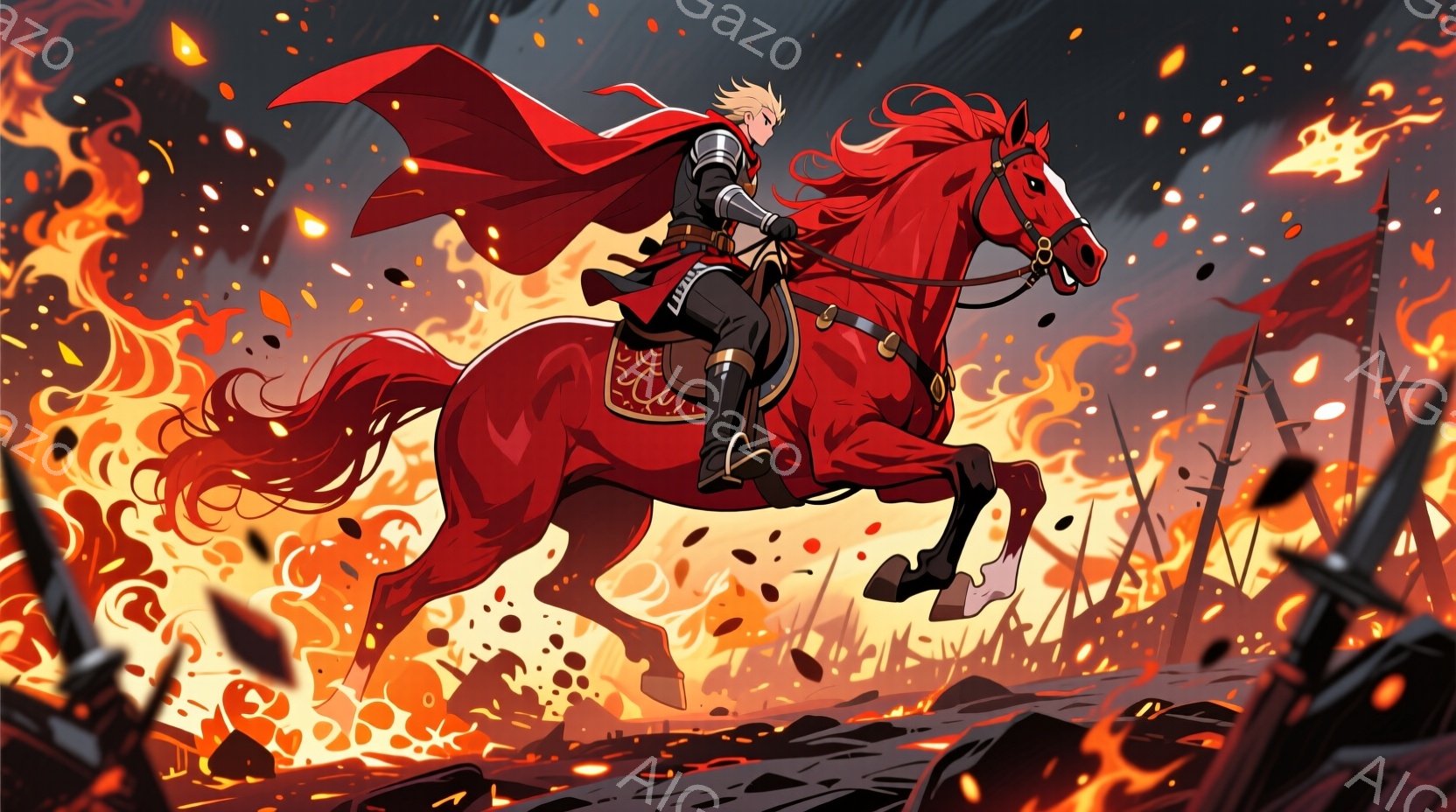 赤い馬に乗った騎士が描かれている。彼は黒い鎧と赤いマントを身につけ、決意に満ちた表情で疾走している。背景は炎と煙に包まれ、燃え盛る槍が多数立っており、戦場の激しい雰囲気が伝わってくる。