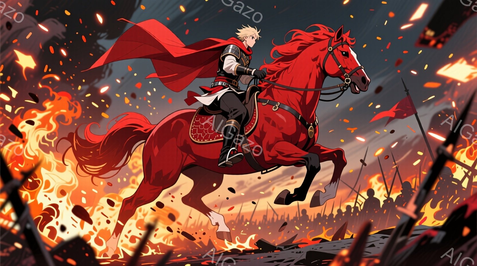 明るい金髪と青い目をした若い男性が、赤い馬にまたがり、戦場を疾走している。彼は、黒と金色の鎧、赤いマント、そして黒いブーツを身につけており、自信に満ちた表情で前を見据えている。背景には炎に包まれた建物と、多くの兵士が密集しており、激しい戦闘の様子が伺える。