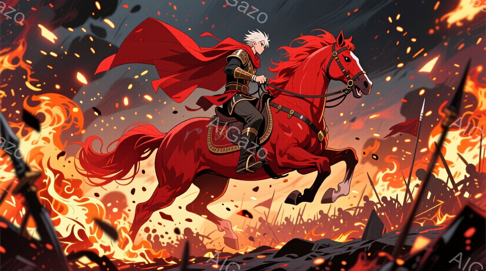 赤い馬に乗った男は、金色の装飾が施された黒い鎧を身につけ、燃えるような赤い外套を背負っています。彼は前方をまっすぐ見据え、決意に満ちた表情で疾走しています。背景は炎と武器で覆われた戦場であり、全体的に激しい戦闘と英雄的な雰囲気を醸し出しています。