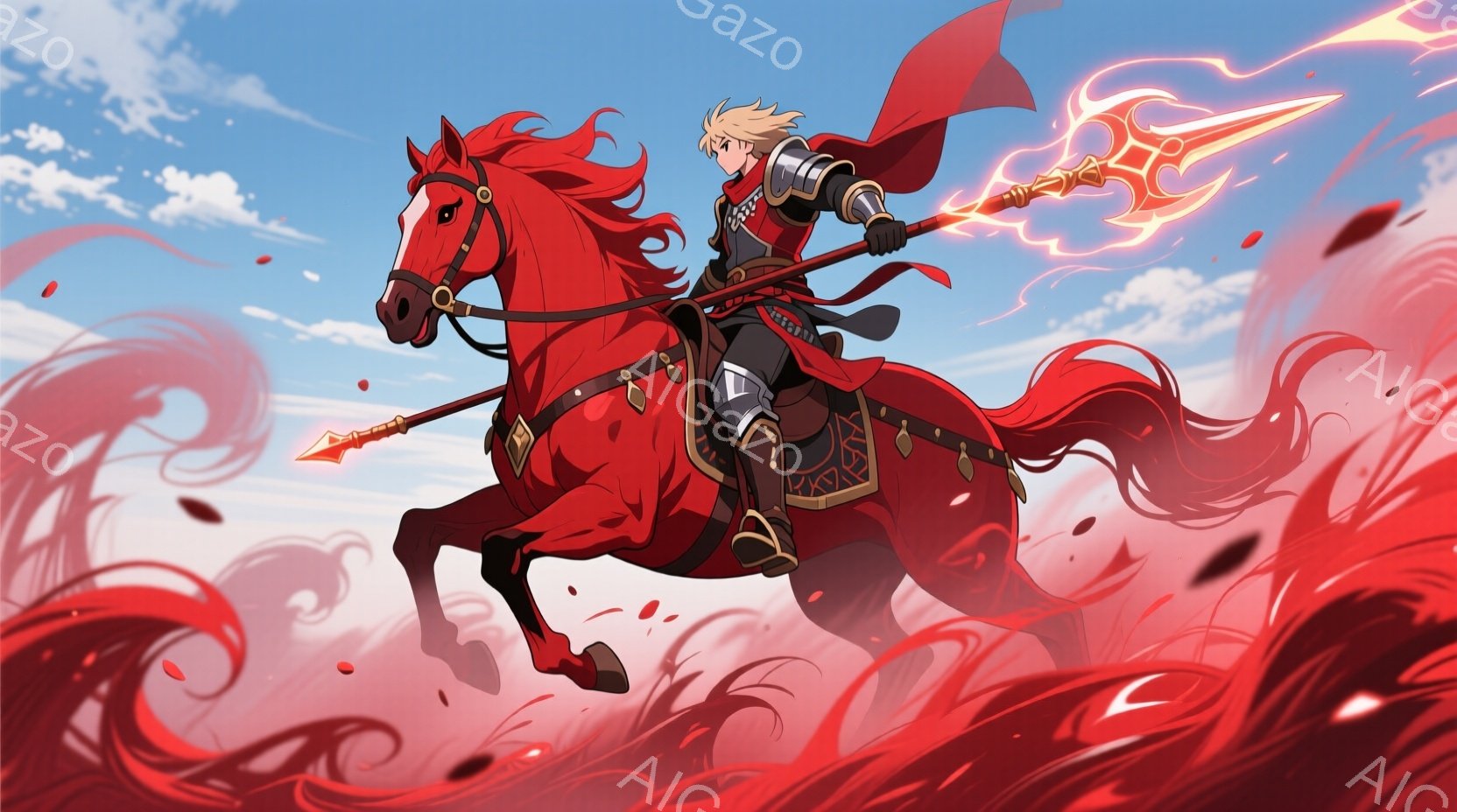 金髪の戦士が赤い馬に乗り、槍を構えている。戦士は金色の装飾が施された鎧と赤いマントを身に着け、決意に満ちた表情で前進している。背景は燃えるような赤色で覆われ、空には白い雲が浮かび、全体的に力強く、躍動 - AI生成フリー素材