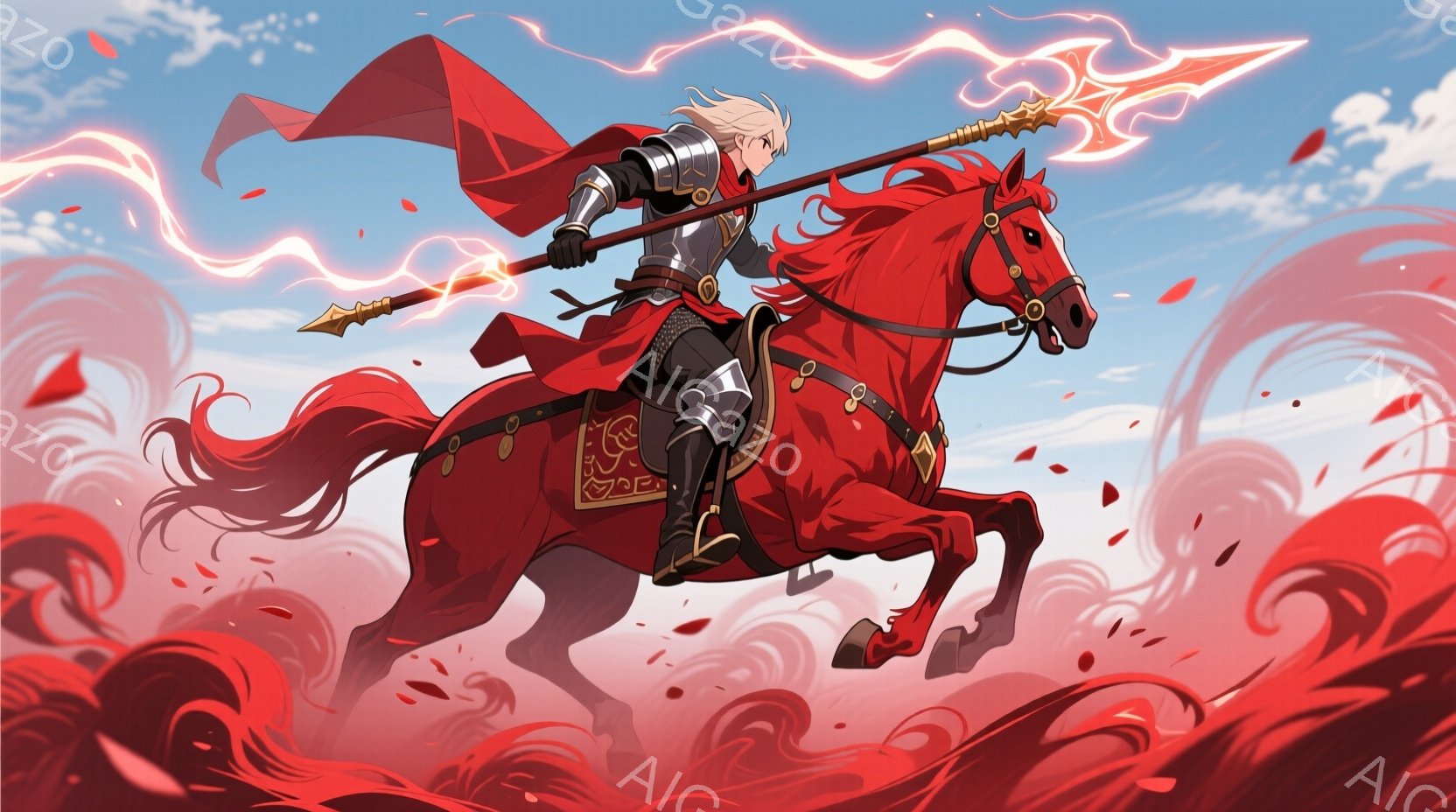 鮮やかな赤毛の馬に乗った騎士が描かれています。騎士は銀色の鎧を身につけ、赤いマントを背に、槍を構えています。背景は赤色の渦巻きのようなエフェクトと、空には雲が広がっており、躍動感と力強さを感じさせる雰 - AI生成フリー素材