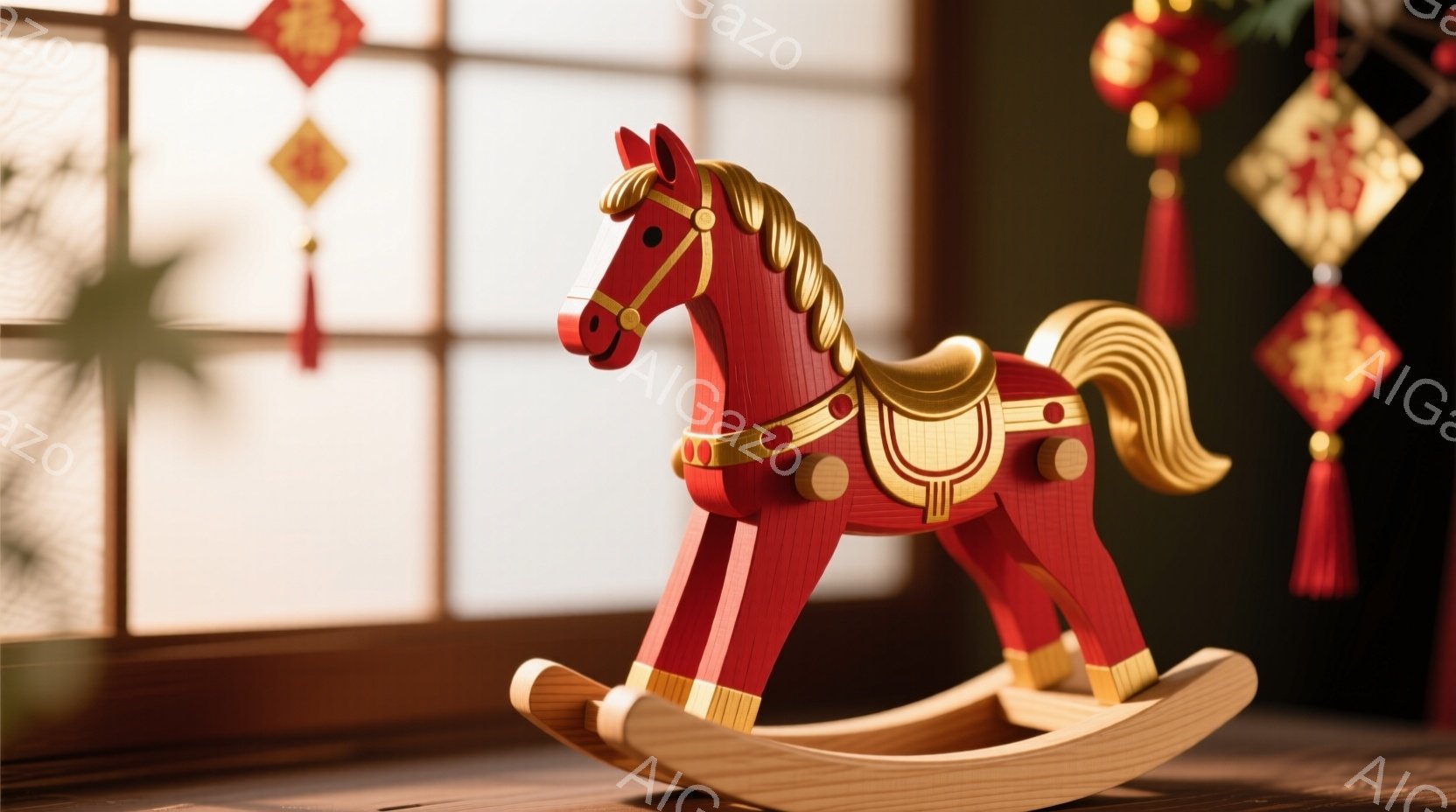 赤い木製のロッキングホースが、木目調の床の上に置かれています。ホースは金色の鞍とたてがみを持っており、窓の外にはぼやけた植物が見えます。背景には赤い紐と金色の文字が書かれた装飾がいくつか飾られ、落ち着いた温かい雰囲気を醸し出しています。