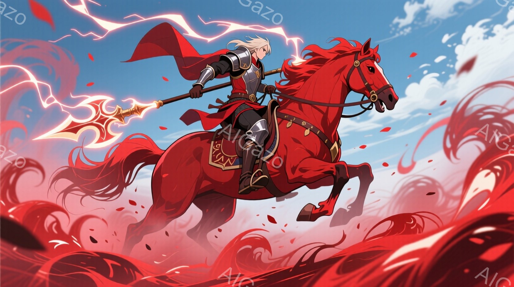 金髪碧眼の騎士が赤い馬に乗り、槍を構えている。騎士は肩当てと胸当てをつけた鎧を身に着け、赤いマントを背に、決意に満ちた表情で疾走している。背景は赤い渦巻きと雲が広がり、激しい戦闘や冒険の雰囲気を醸し出している。