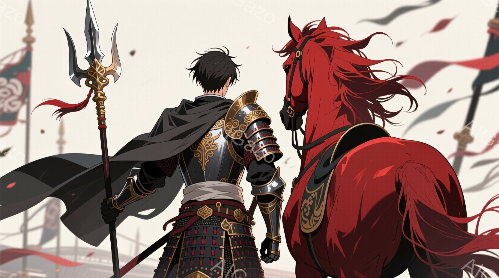 深紅の甲冑を身につけた武者が、黒い外套を羽織り、槍を構えています。背景には、多数の旗と、ぼやけた建物が見え、戦場のような雰囲気です。赤毛の馬が武者の隣に立ち、共に何かを臨んでいるような緊張感のある構図 - AI生成フリー素材