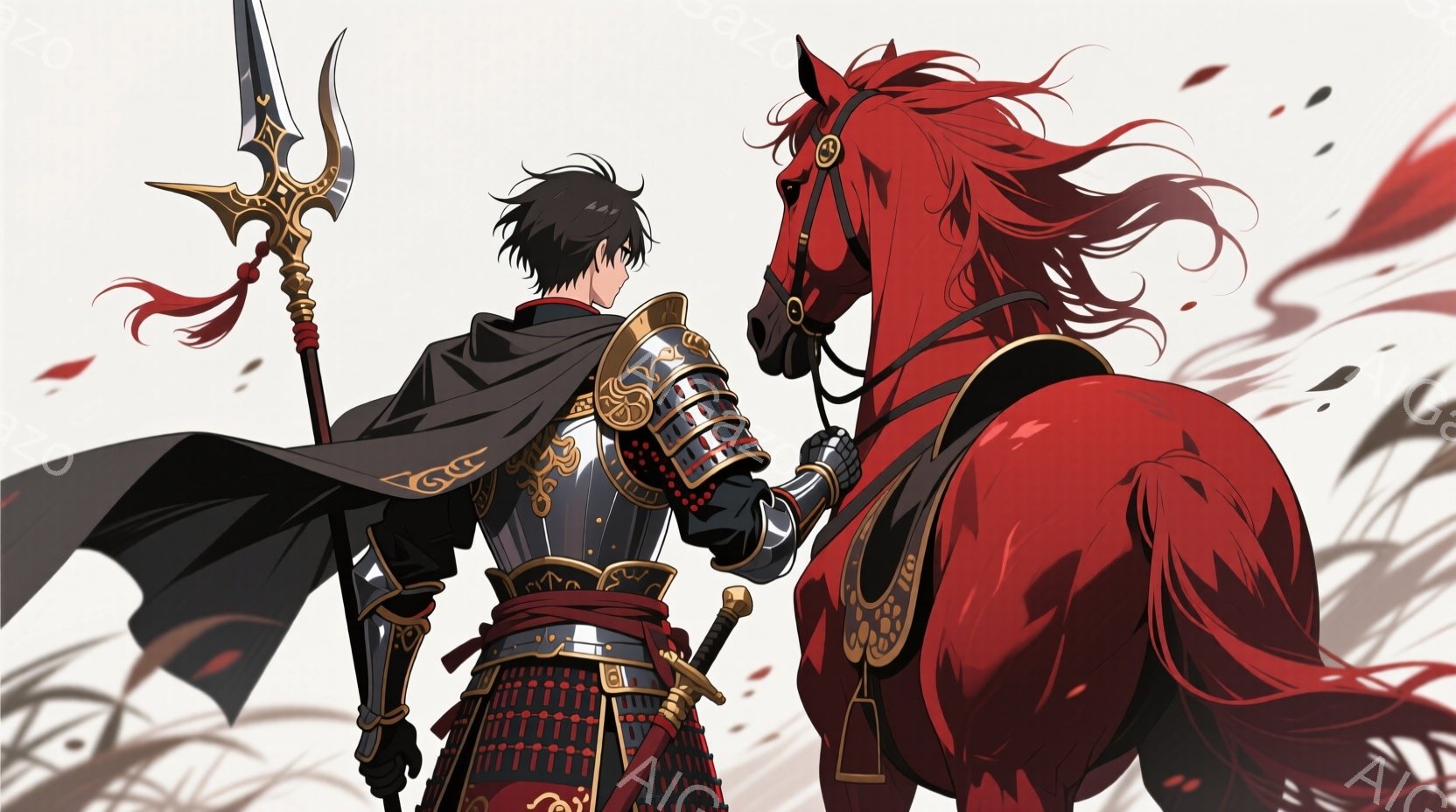 黒髪で、後ろで束ねられた男性が、赤色の鎧を身に着け、黒い外套を羽織っています。彼は背中に長槍を背負い、右手に刀を携え、赤毛の馬の隣に立っています。背景はぼかし加工されており、赤い花びらが舞い散る様子が描かれ、全体的に力強く、勇ましい雰囲気が漂っています。