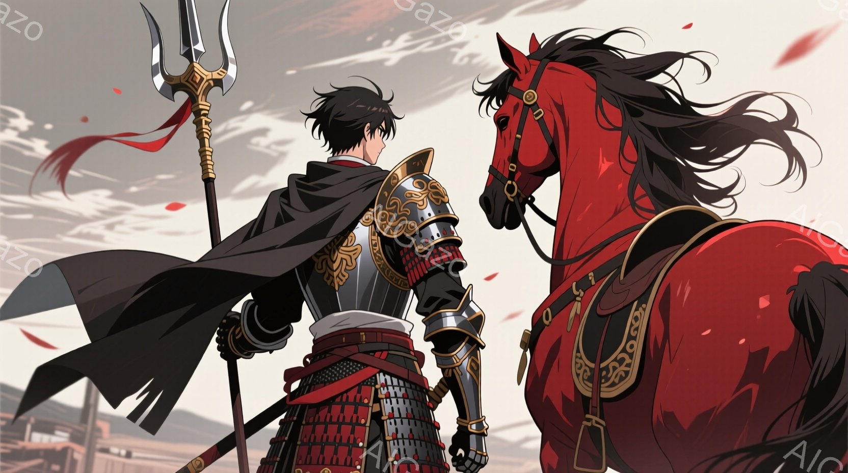 黒髪の男性が、赤色の馬の隣に立っており、全身に複雑な装飾が施された鎧を身に着けている。彼は黒い外套を羽織り、背中に突き槍のような武器を携えている。背景には、ぼやけた建物と夕焼けのような空が広がり、荘厳で力強い雰囲気を醸し出している。