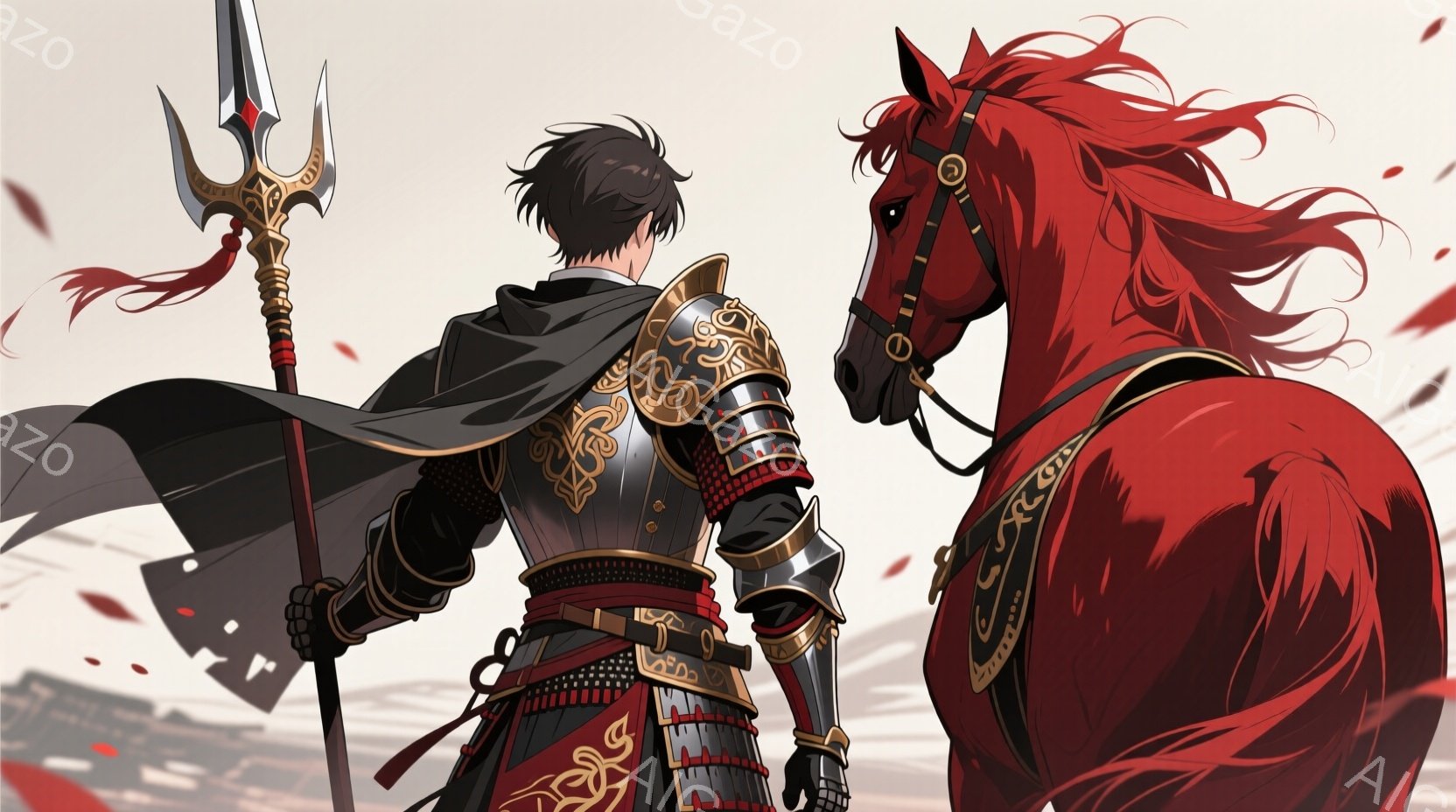鎧を身につけた武者が、赤毛の馬と共に描かれている。武者は黒髪で、後ろ姿しか見えないが、凛々しいシルエットが印象的で、手には槍を持っている。背景には霞んだ建物が見え、散りゆく花びらが舞っており、荘厳で力 - AI生成フリー素材