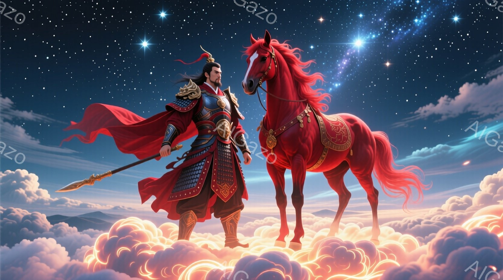 鮮やかな赤い雲の上に、武将が立っている。黒と赤の鎧を身につけ、黒髪を後ろで束ね、自信に満ちた表情で槍を手にしている。背景には山々と星空が広がり、雲が光り輝き、全体的に勇壮で幻想的な雰囲気を醸し出している。
