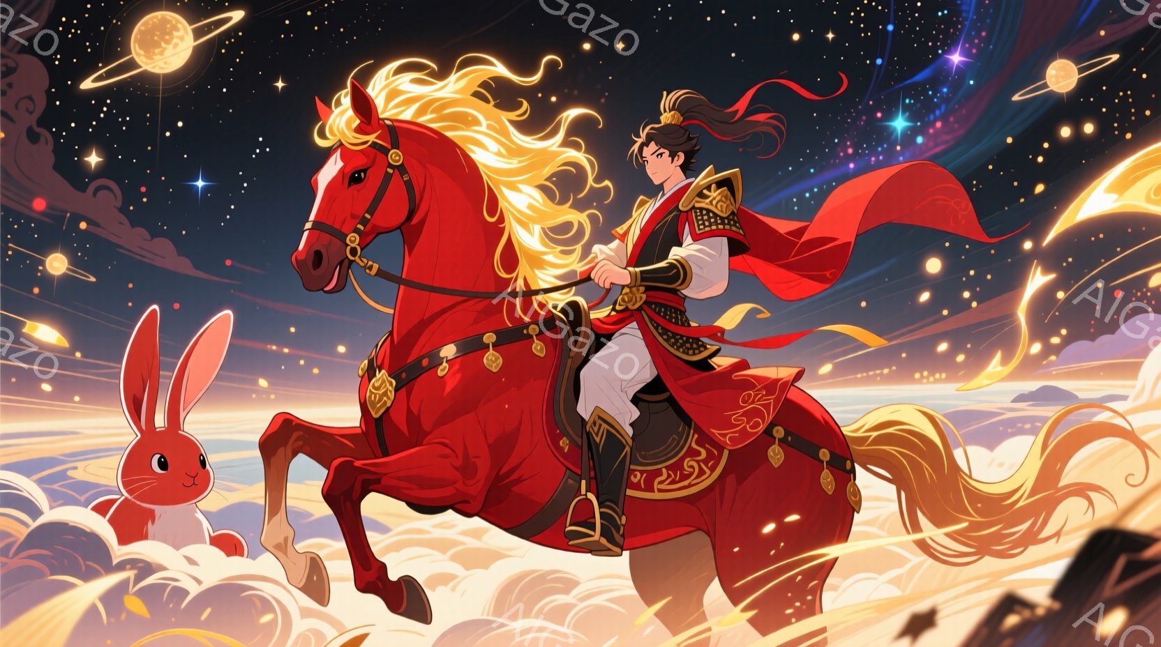 明るい赤色の衣装を身に着けた男性が、金色に輝く馬に乗って雲の上を疾走している。彼は黒髪を後ろで結い、凛々しい表情で手綱を握り、雲海を背景に力強く駆ける姿は、まるで伝説の英雄のようだ。背景には、ふわふわとした雲と、月の光を思わせる光の粒子が散りばめられ、幻想的で壮大な雰囲気を醸し出している。