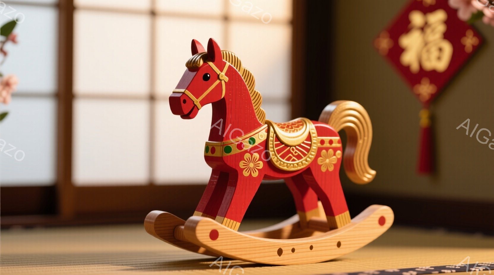 This image features a charming wooden toy of a traditional Japanese horse, known as a "kokeshi." The horse is adorned with intricate details such as its mane and tail, and it's wearing a saddle. It has a calm expression, standing still. The background suggests an indoor setting with a Japanese design, possibly a traditional room or a space designed to evoke the atmosphere of Japan. The overall image evokes a sense of tranquility and cultural richness.