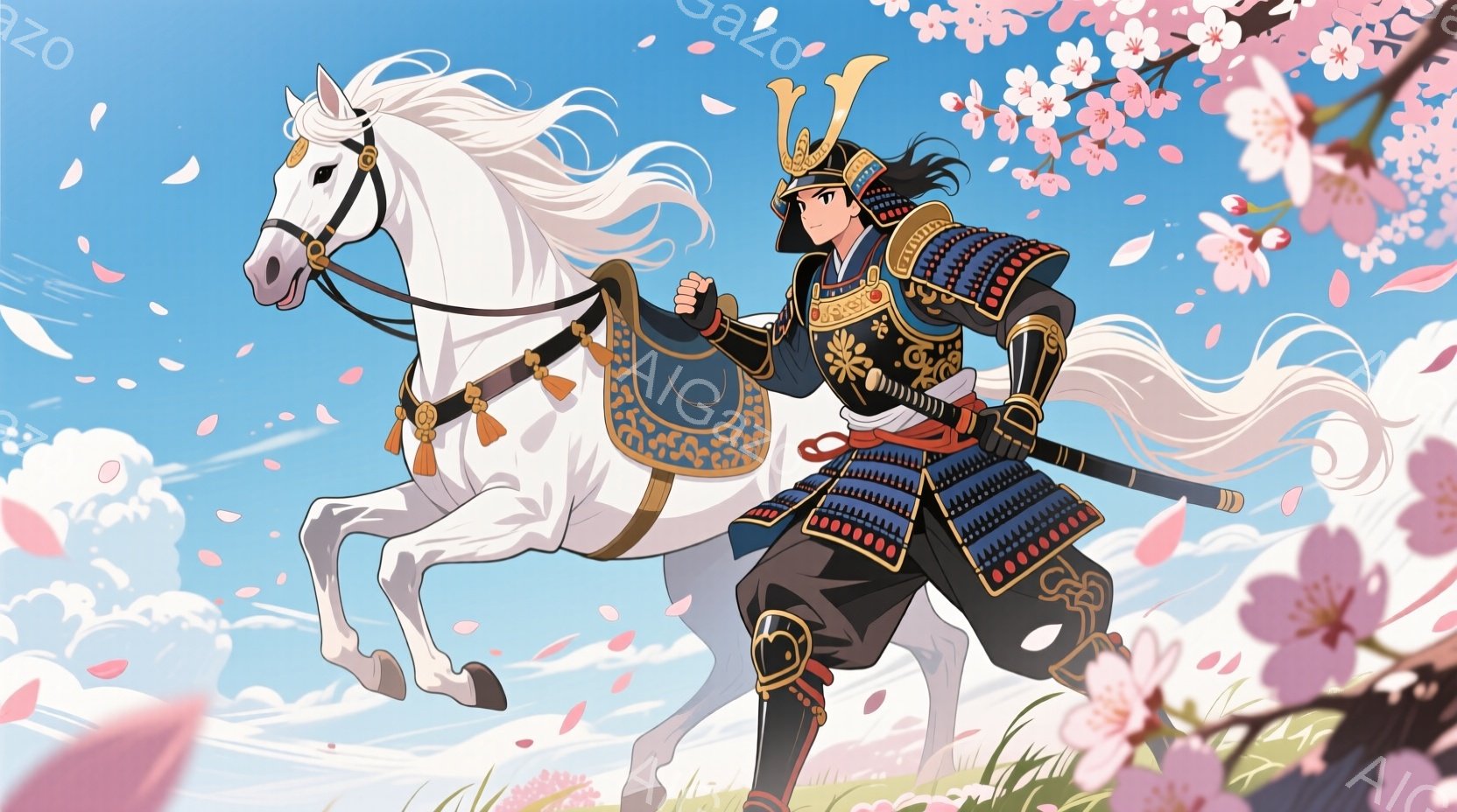 鎧を身につけた武士が、白い馬に跨って疾走している。武士は黒髪を後ろで束ね、凛々しい表情で前を見据えている。背景には桜の花びらが舞い、青空と緑の草原が広がり、春の穏やかな雰囲気を醸し出している。