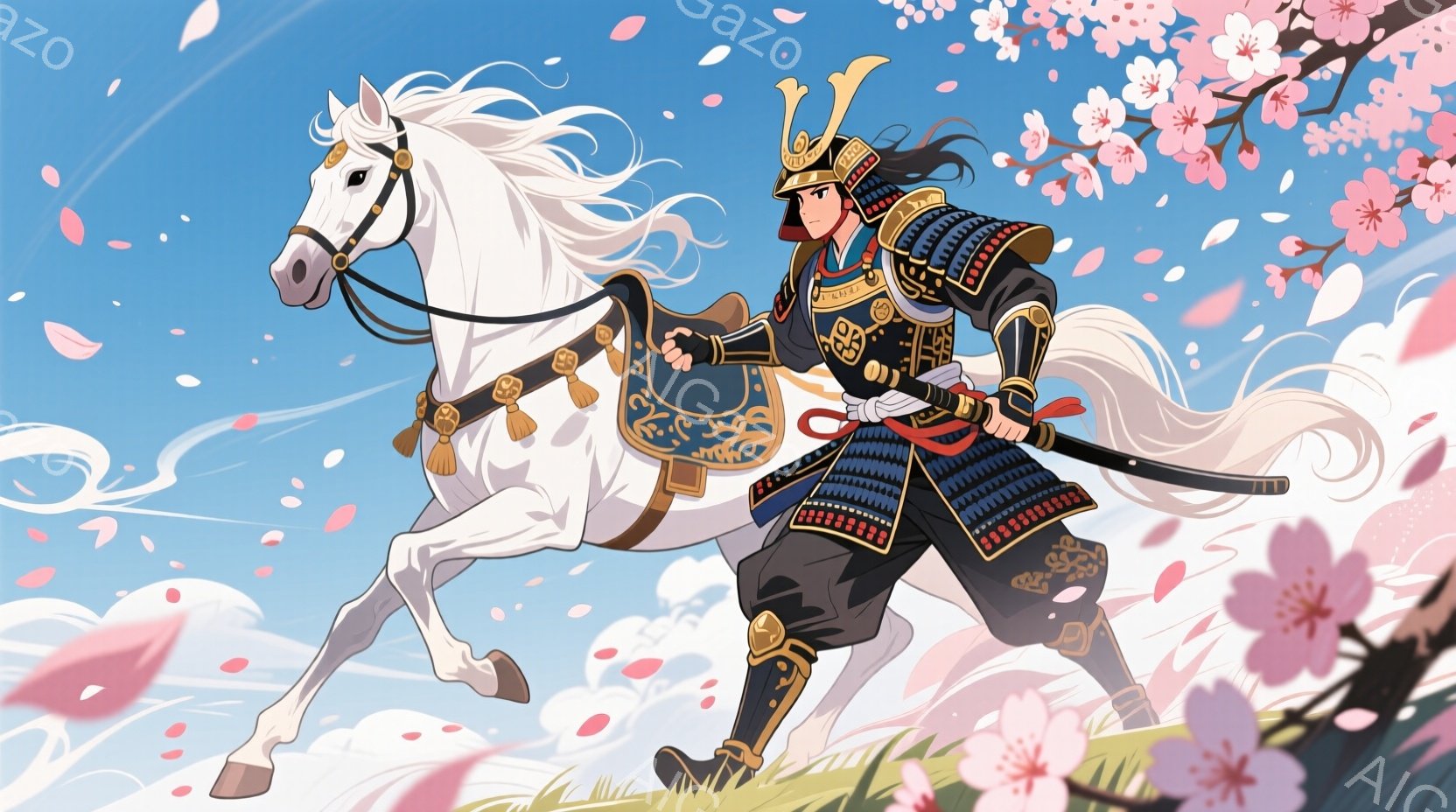 白い馬に乗った武士が描かれています。武士は黒地に赤い装飾が施された鎧を身につけ、兜を被り、赤い髪を結い上げています。背景には、桜の花びらが舞い散り、青空が広がっており、春の暖かく、力強い雰囲気を醸し出しています。