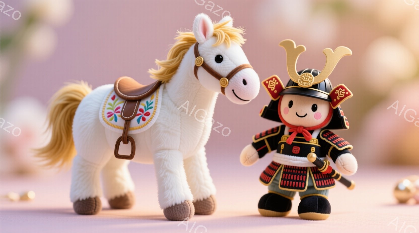 白いぬいぐるみ馬と、武者人形のぬいぐるみが並んで立っています。武者人形は、金色の兜と鎧を身に着け、真剣な表情で、赤い袴をはいています。背景は薄いピンク色で、ぼやけた金色の装飾が見え、全体的に温かく、お祝いの雰囲気です。