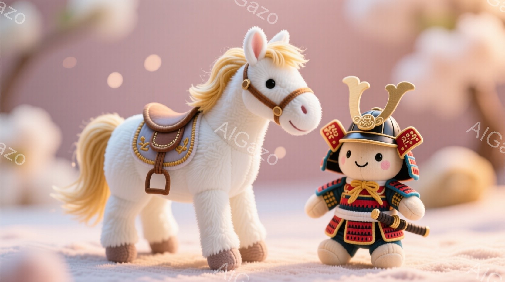 白い毛並みのぬいぐるみのような馬と、武者人形のようなぬいぐるみが並んで立っています。武者人形は兜を被り、鎧を身につけ、小さな太刀を持っています。背景はぼやけたピンク色で、全体的に柔らかく優しい雰囲気です。