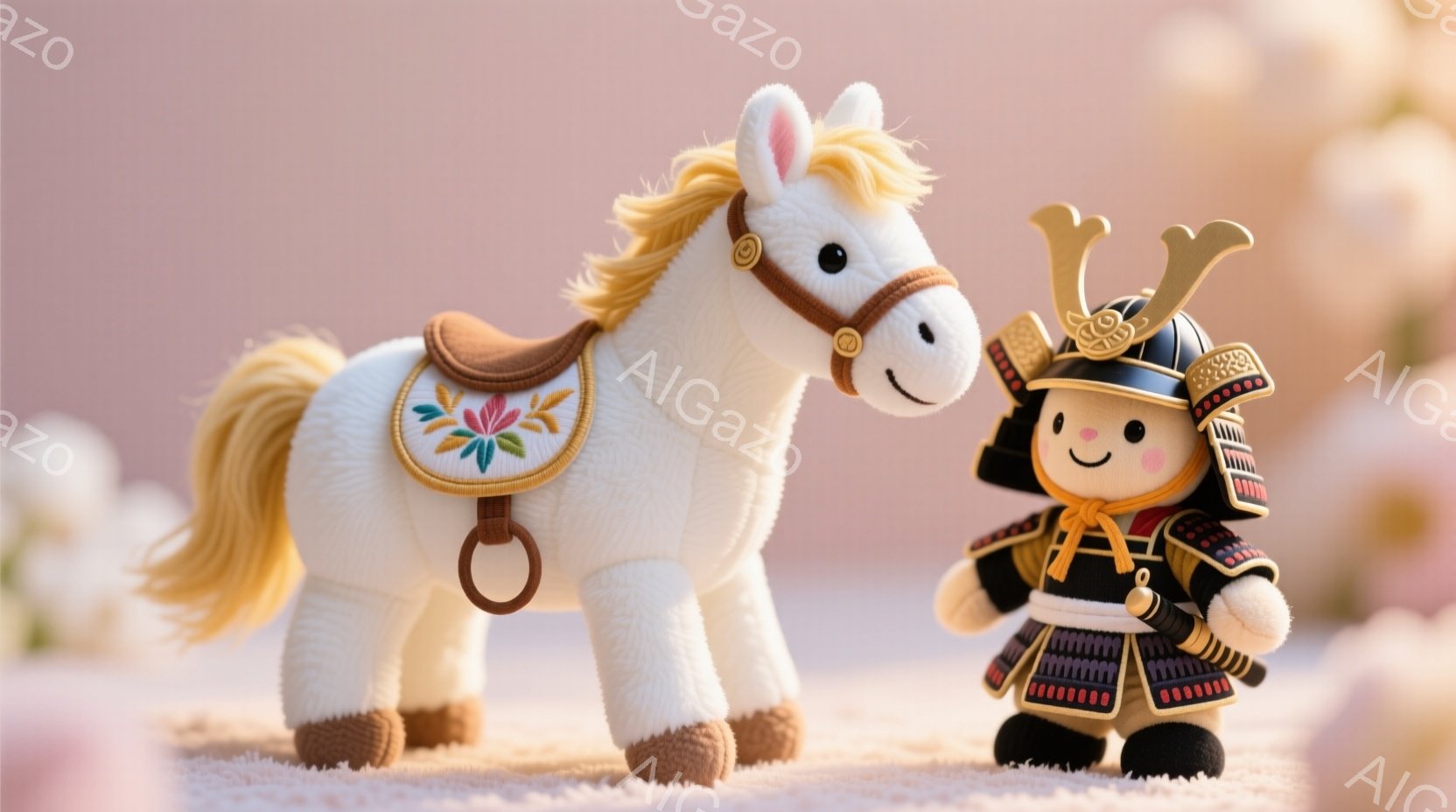 白い毛並みのぬいぐるみ馬と、侍の鎧をまとった小さな人形が並んで立っています。人形は黒い鎧に赤い紐飾り、兜は金色で角飾りをつけており、微笑んでいます。背景は淡いピンク色で、ぼやけた花が咲き乱れているように見え、全体的に温かく優しい雰囲気です。