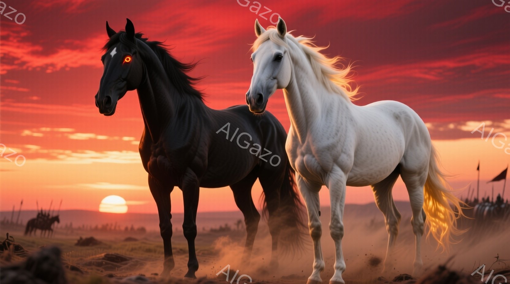 広大な砂漠地帯を、一頭の黒馬と白馬が疾走している。夕焼け空は燃えるような赤色で、地平線には沈みゆく太陽がぼんやりと見える。馬たちは埃を巻き上げながら前進しており、力強く、神秘的な雰囲気を醸し出している。