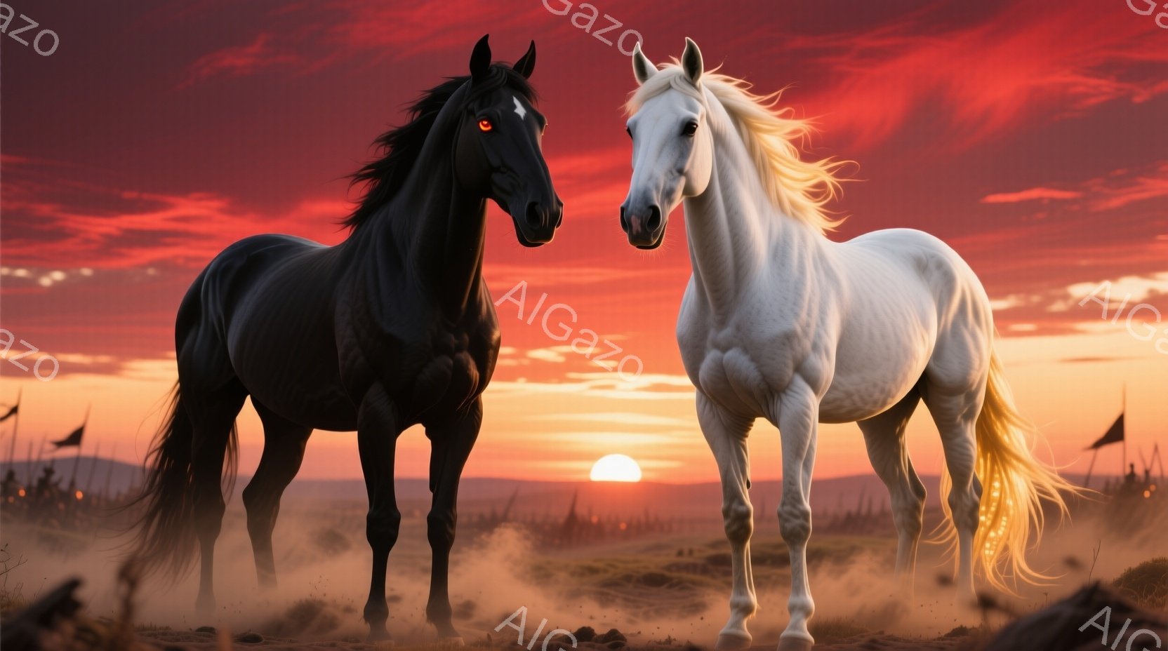 黒と白の二頭の馬が、埃っぽい荒野で互いに向き合っている。背景には、燃えるような夕焼けと、遠くに見える旗のようなものがぼんやりと見える。馬たちは力強く堂々とした姿勢で、まるで対決の予感を漂わせている。