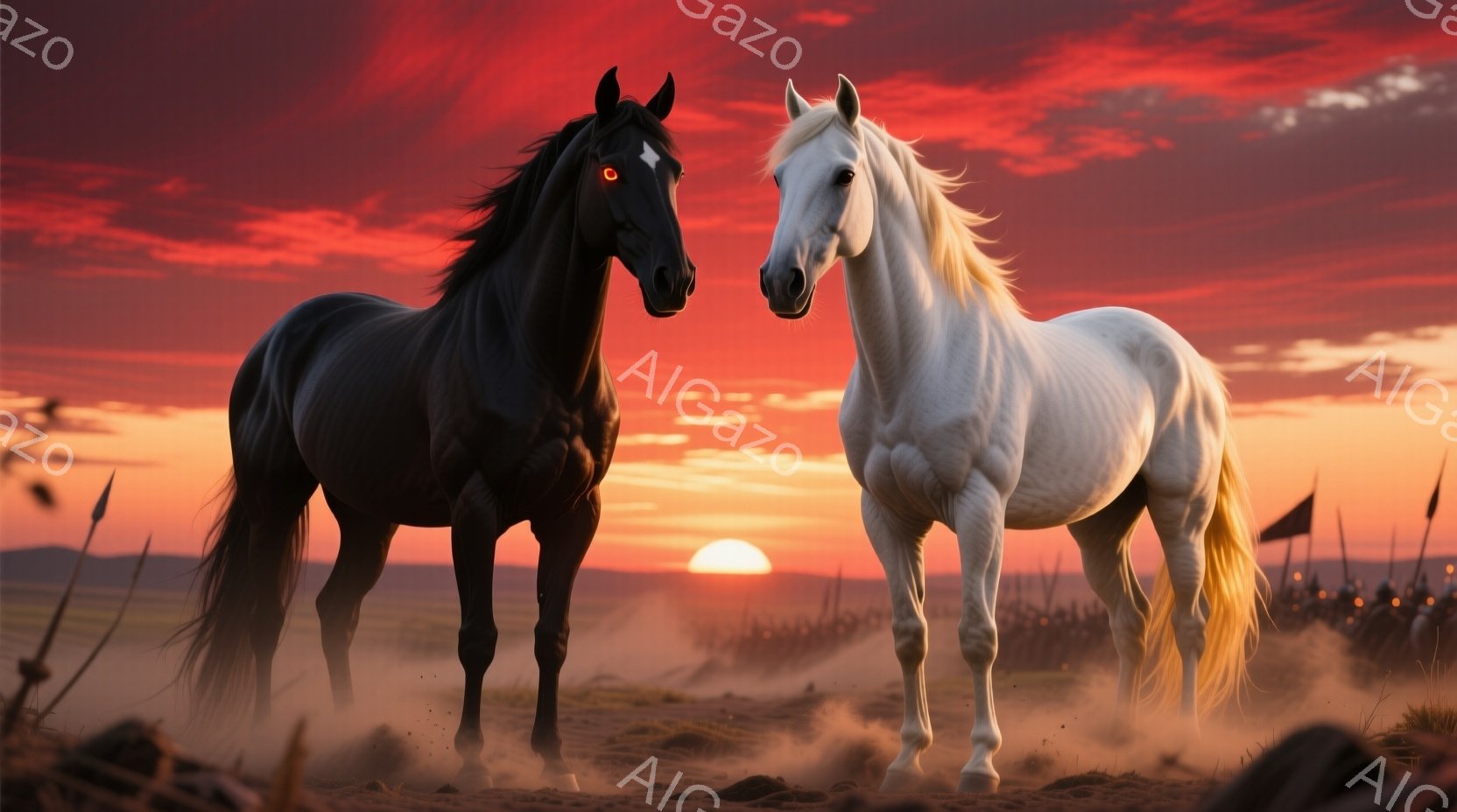 黒い馬と白い馬が、夕焼けに染まる砂漠の平原を前に向かい合っている。馬たちは堂々とした姿勢で、まるで戦いの準備をしているかのようだ。背後には、遠くに見える軍隊の影と、地平線に沈む夕日の強い光が広がっている。