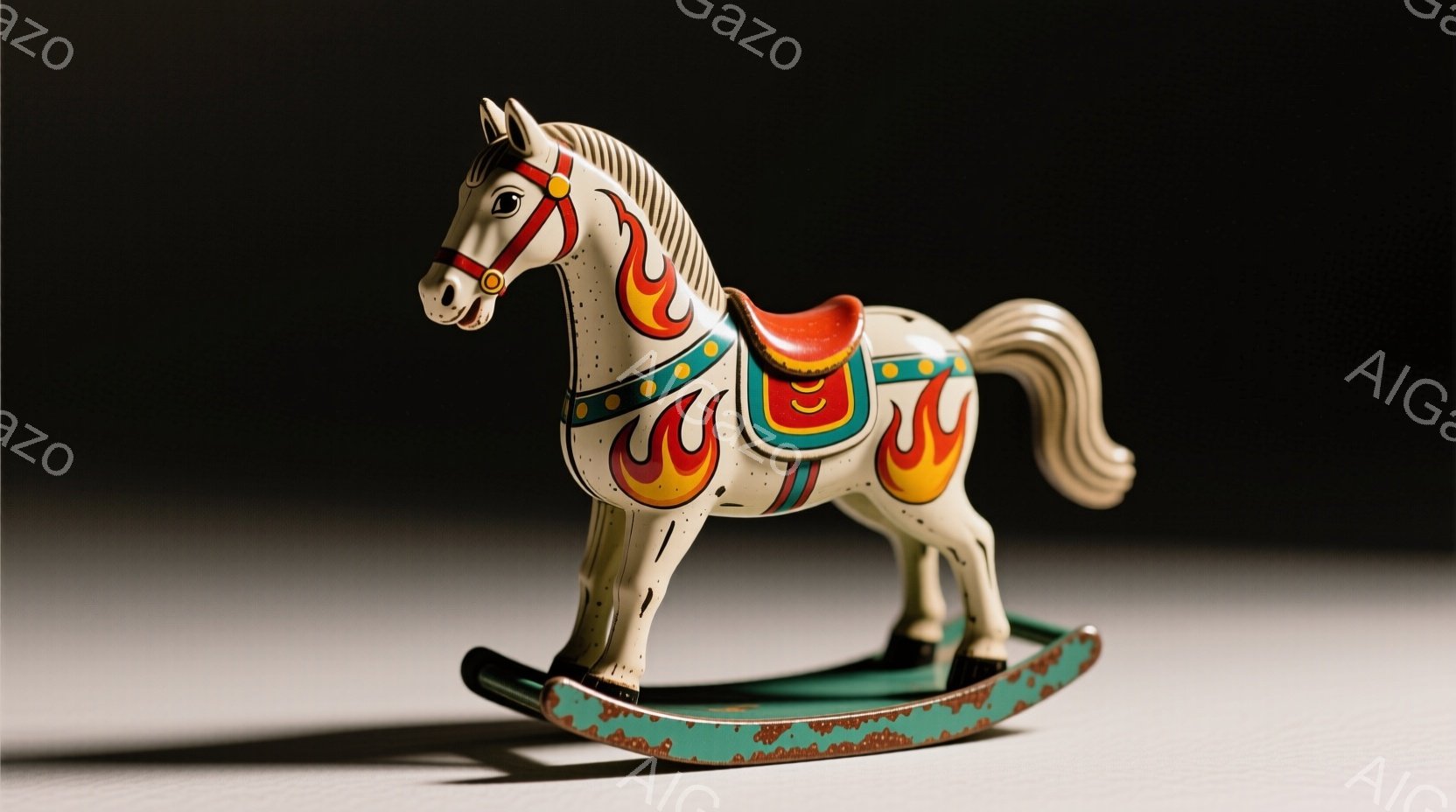 白いロッキングホースが写っており、側面には炎のような模様が赤とオレンジ色で描かれています。緑色の台座に乗り、サドルは赤と茶色の組み合わせで、全体的にアンティーク調の玩具らしさがあります。背景はグレーでシンプルであり、光がホースに当たって影を作り出しています。