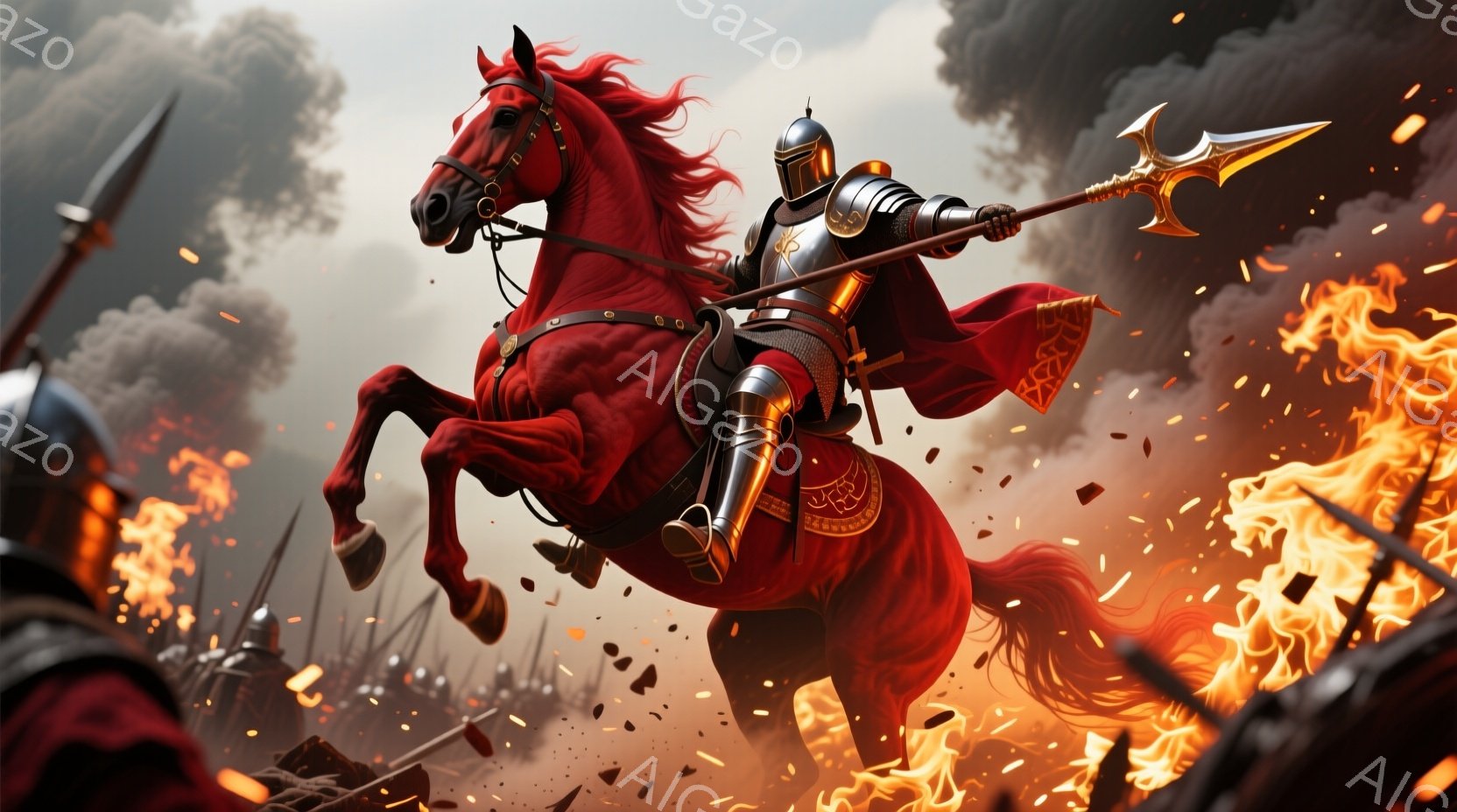 燃え盛る戦場を駆ける、全身鎧を纏った騎兵が描かれている。赤毛の馬に乗り、槍を構え、前進する姿は勇ましい。背景には炎と煙が立ち込め、戦場の激しさを強調している。