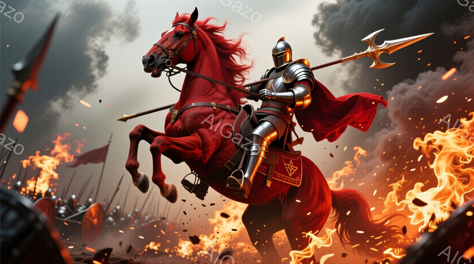 赤い馬に乗った騎士が描かれている。騎士は全身を銀色の鎧で覆い、赤い旗印のついた鞍を付けている。背景は燃え盛る炎と、赤い旗を掲げる兵士たちで構成され、戦場のような雰囲気を醸し出している。 - AI生成フリー素材