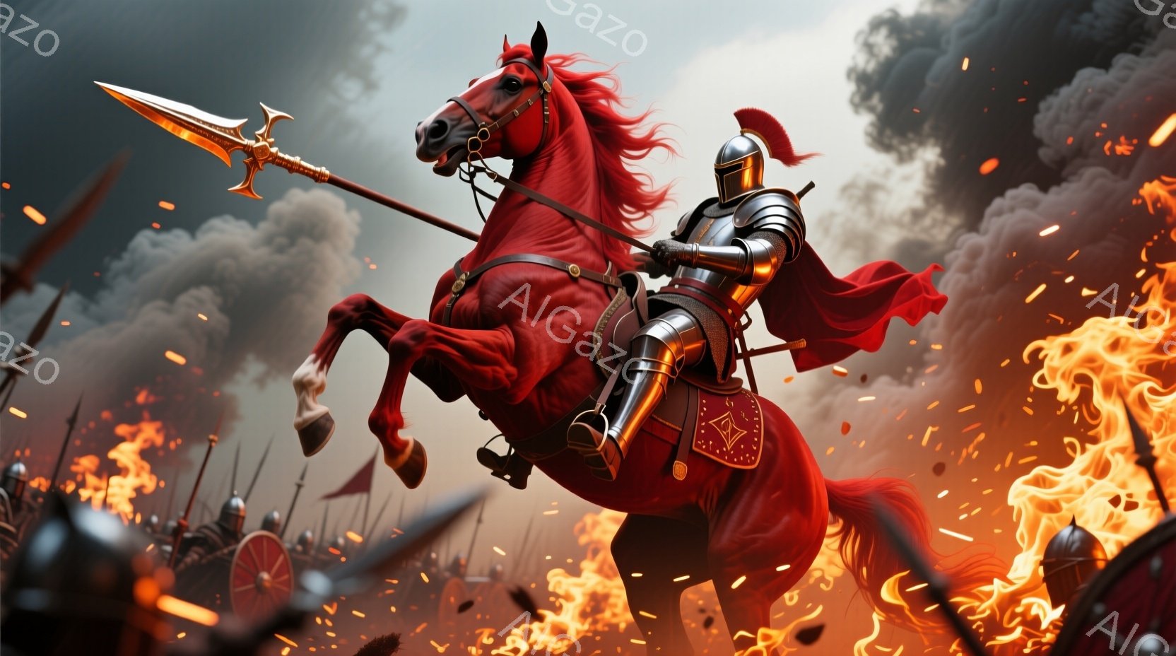 鮮やかな赤毛の馬に乗った騎士が、燃え盛る戦場を駆け抜けている。騎士は全身を銀色の鎧で覆い、頭には赤い羽飾りがついた兜を被っている。背景には炎に包まれた兵士たちが密集し、激しい戦闘の雰囲気を醸し出している。