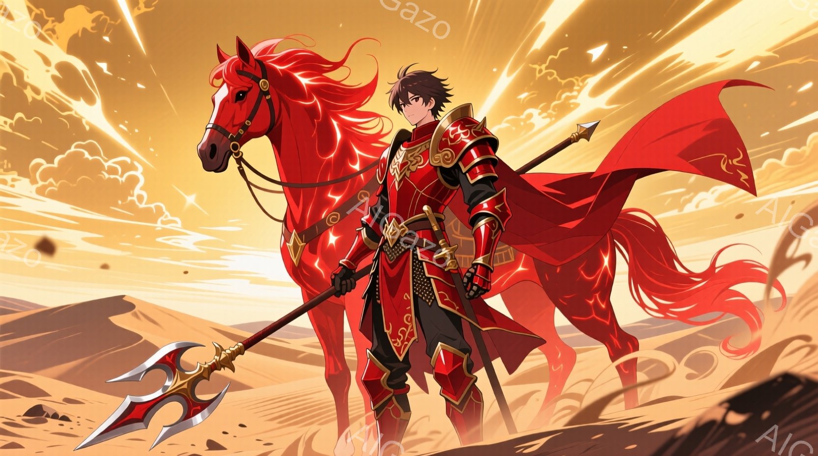 鮮やかな赤い装甲を身に着けた男性が、同じく赤い毛並みの馬にまたがっている。彼は黒髪で、少し不機嫌そうな表情をしており、手には赤い装飾が施された槍を持っている。背景は砂漠のような風景で、太陽光が強く、馬と男のシルエットが際立っている。