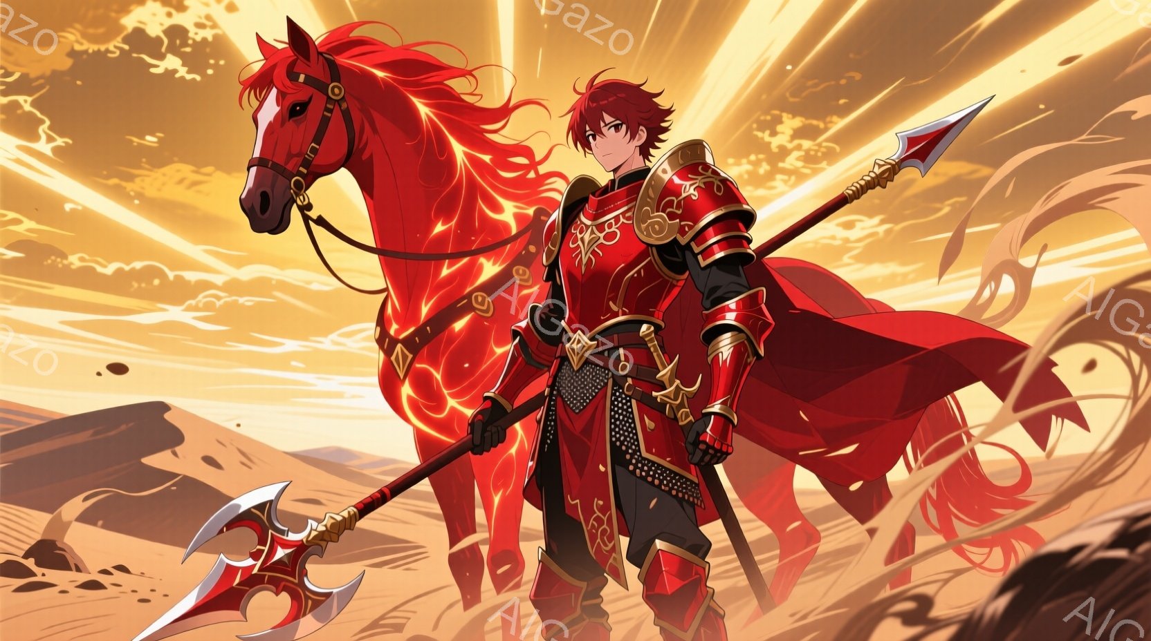 燃えるような赤毛の男性が、豪華な鎧を身につけ、槍のような武器を構えて立っている。彼の背後には、炎のようなシルエットの馬が描かれており、砂漠のような背景に夕焼けのような光が広がっている。全体的に、力強く、英雄的な雰囲気が漂うイラストである。