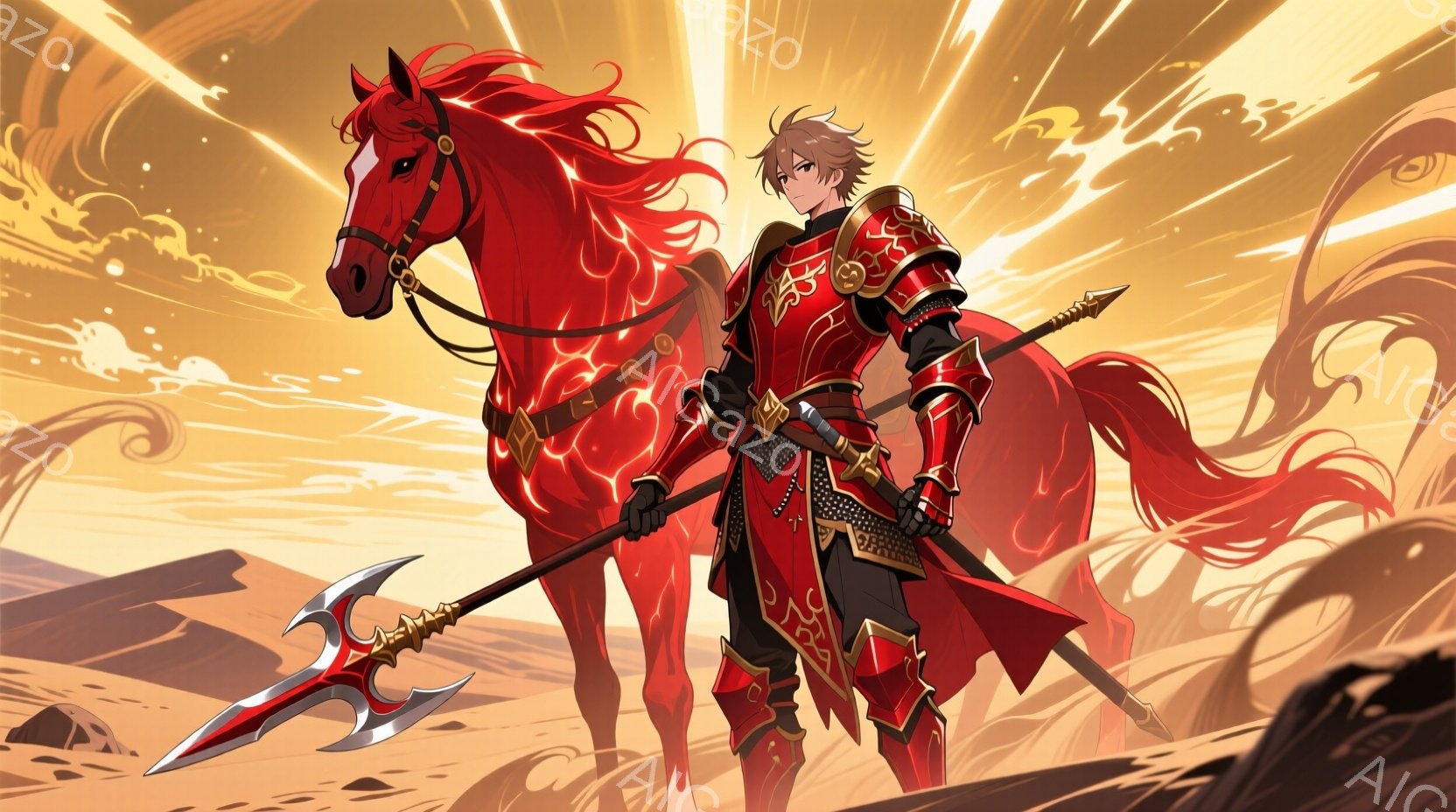 鮮やかな赤色の甲冑を身に着けた男性が、同じく赤い馬と共に砂漠のような場所に立っている。彼は黒髪で、少し微笑んだ表情をしており、手には赤い装飾が施された槍を持っている。背景には砂漠の風景と、太陽光のよう - AI生成フリー素材