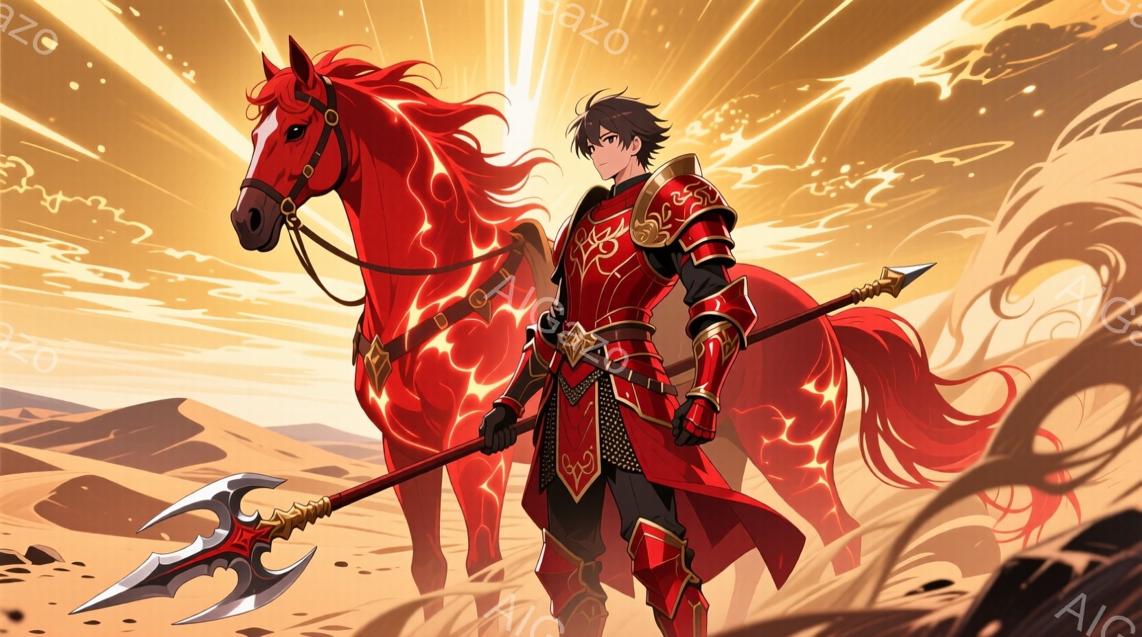 赤い甲冑を身に着けた男性が、燃えるような赤い馬に跨っている。彼は長い槍を地面に突き立て、自信に満ちた表情で前方を見据えている。背景には砂漠と夕焼けのような光が広がり、燃え盛る炎のようなエフェクトが馬と人物を包み込み、力強く壮大な雰囲気を醸し出している。