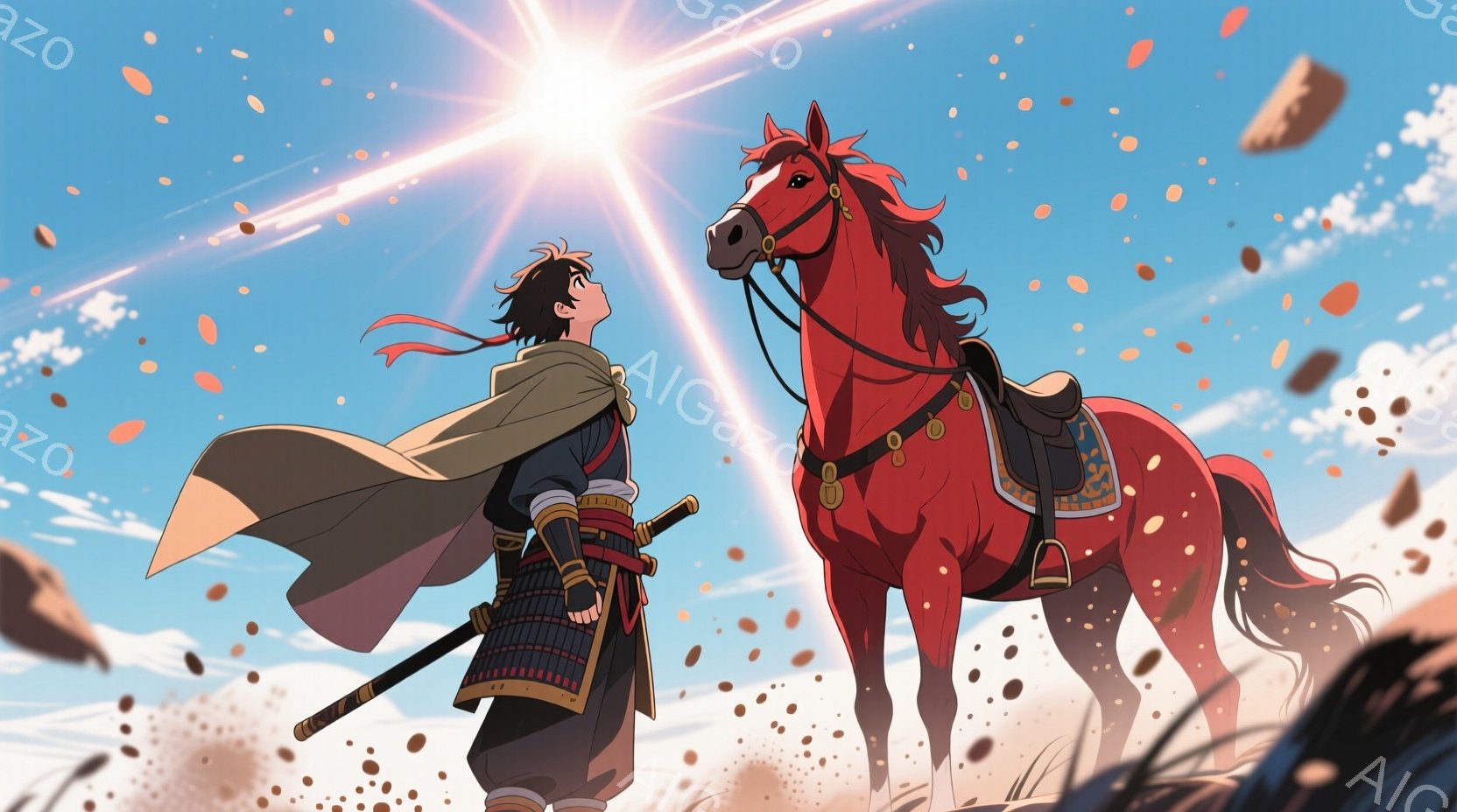 少年は時代劇風の服装をしており、明るい茶色の着物と鎧を身につけ、腰には刀を帯びています。彼は少し上目遣いで、赤毛の馬を見上げており、表情は決意に満ちています。背景は青空で、太陽が強く輝き、周囲に砂埃が舞い上がっている様子から、荒野を駆け抜けるような、力強く希望に満ちた雰囲気が漂っています。