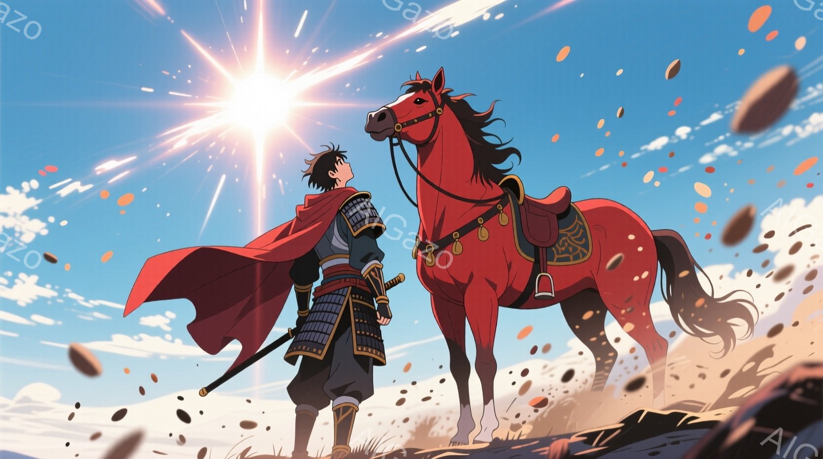 赤い陣羽織を身につけた武者が、馬と共に砂地の丘の上に立っている。武者は黒い兜と鎧を着用し、侍大刀を腰に差している。背景には青空と太陽が輝き、風に舞う砂埃が、力強い戦いの始まりを予感させる。