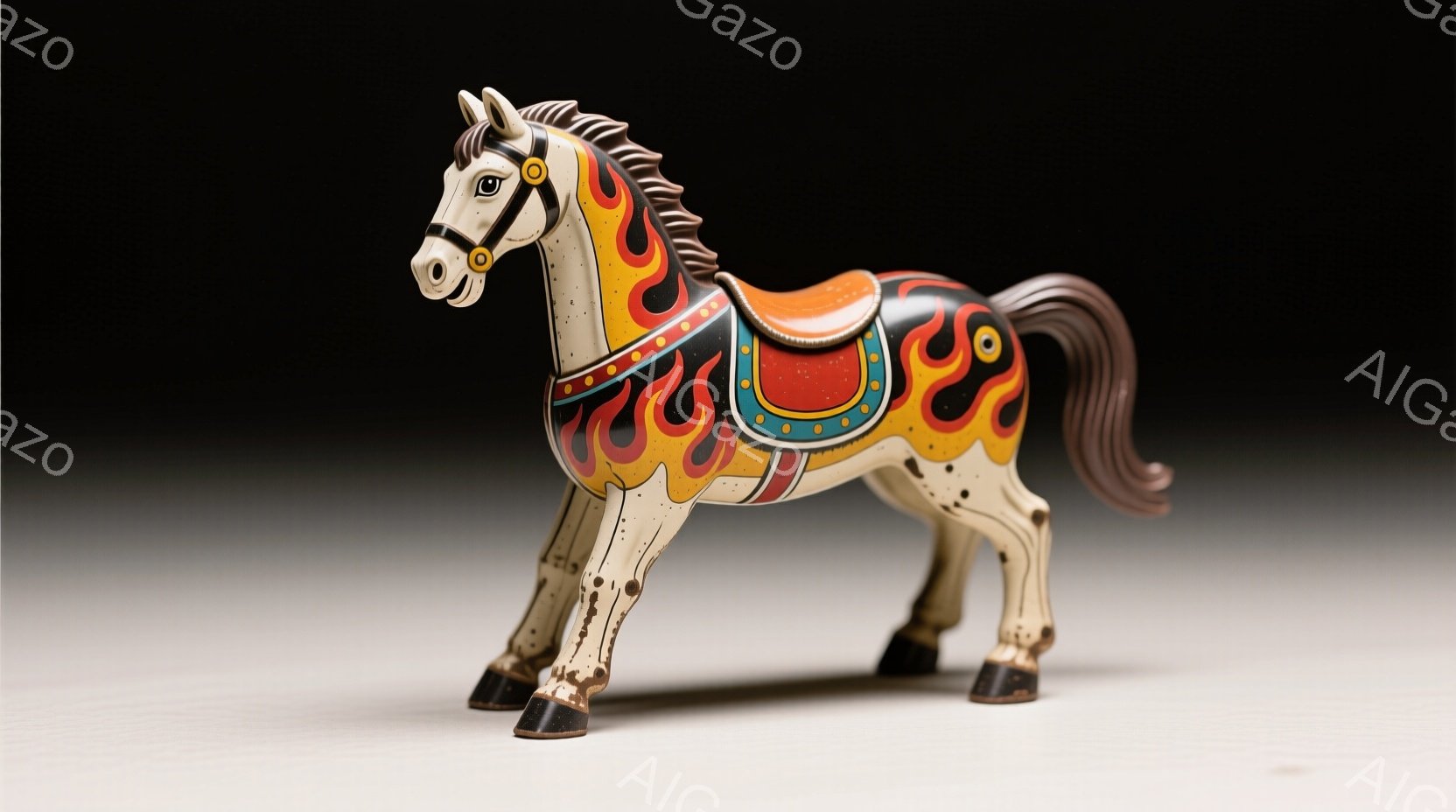 精巧な装飾が施されたブリキ製の馬のおもちゃが写っています。白を基調とした馬体には、炎のような模様が描かれ、鞍には鮮やかな赤とオレンジの配色が用いられています。背景は白からグレーへのグラデーションで、おもちゃが際立つように配置されています。