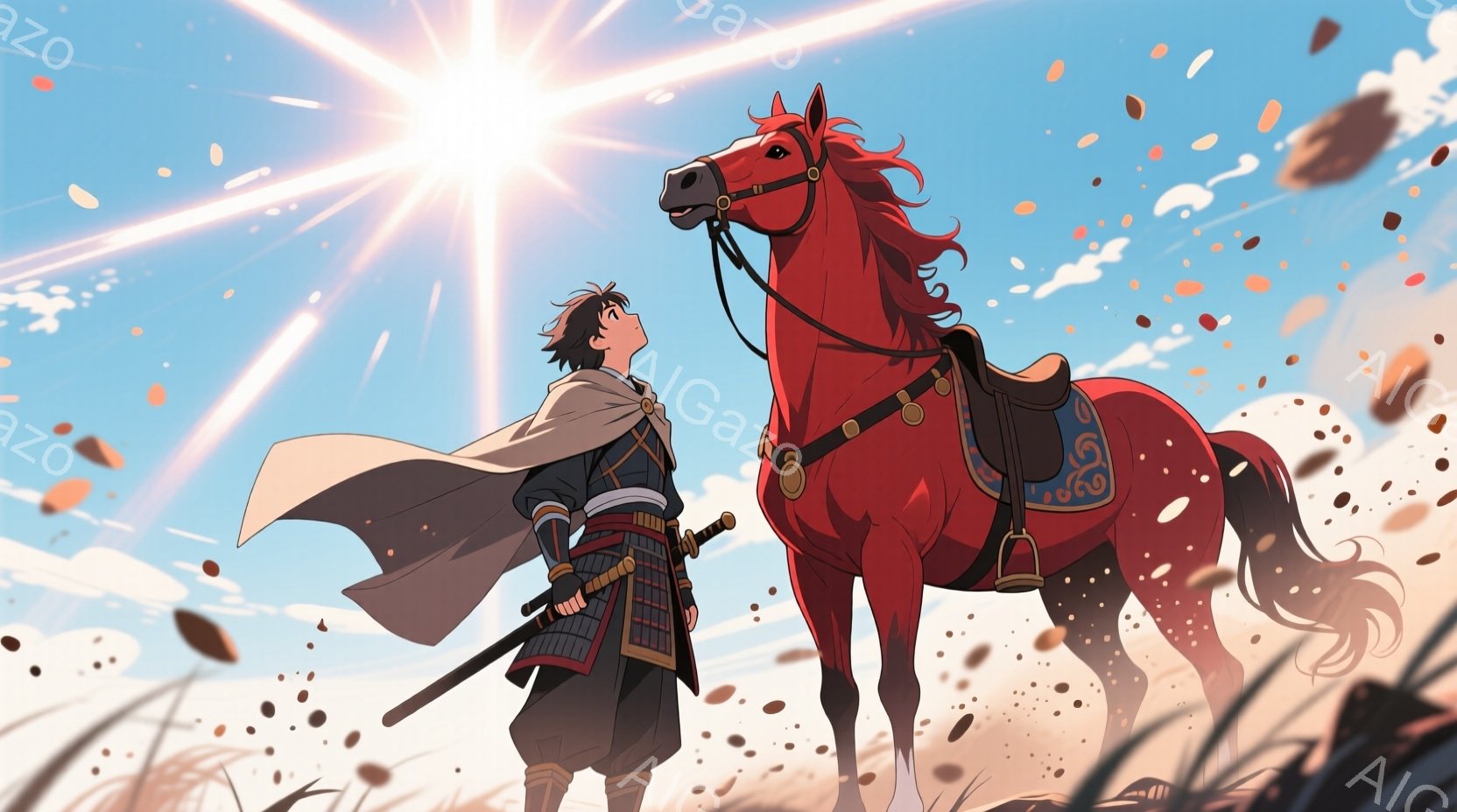 少年は武士風の服装をしており、肩に白い布をかけ、袴と鎧を身に着けています。彼は剣を帯び、少し上を見上げて、赤い馬を見つめています。背景は晴天で、空には太陽が輝き、草原のような場所に立っています。