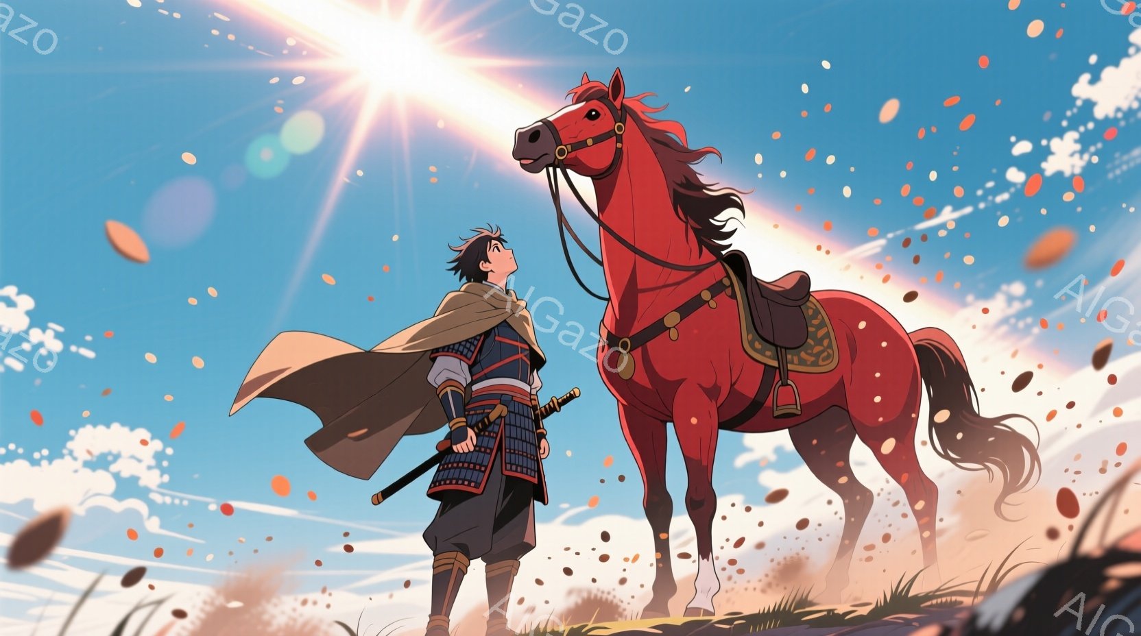 浅黒い髪を無造作にまとめ、薄茶色の陣羽織を羽織った若い武者が描かれている。彼は腰に刀を佩び、少し上を見上げている。背景には青空と白い雲、そして舞い散る花びらが描かれ、力強くも穏やかな雰囲気を醸し出している。