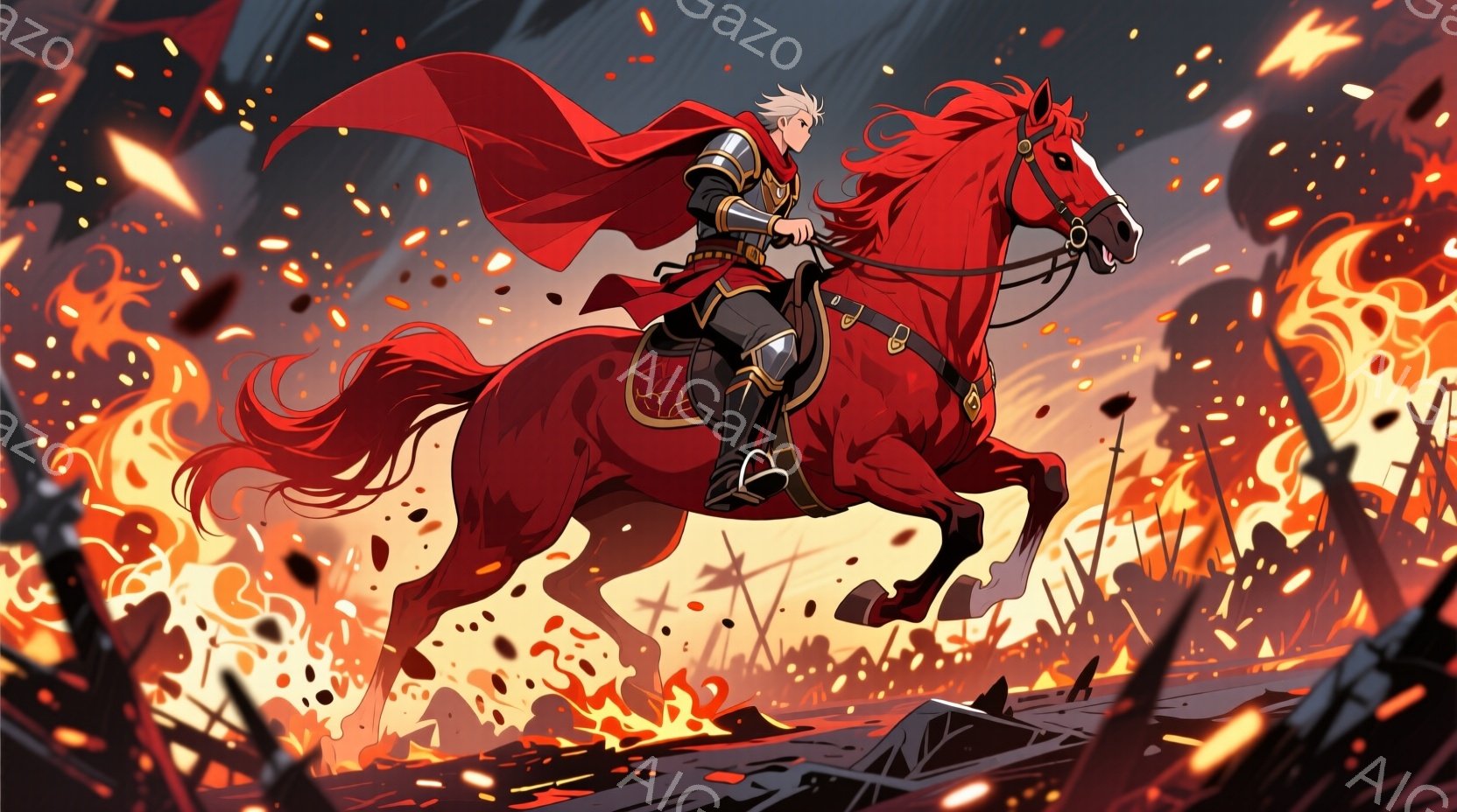 赤毛の馬に乗った男性が描かれており、鮮やかな赤い外套を羽ばたかせ、戦場を駆ける姿は勇ましい。彼は銀髪で、鎧を身につけ、決意に満ちた表情で前を見据えている。背景は炎に包まれた戦場であり、壊れた槍や剣が散乱し、激しい戦いの様子が伝わる。