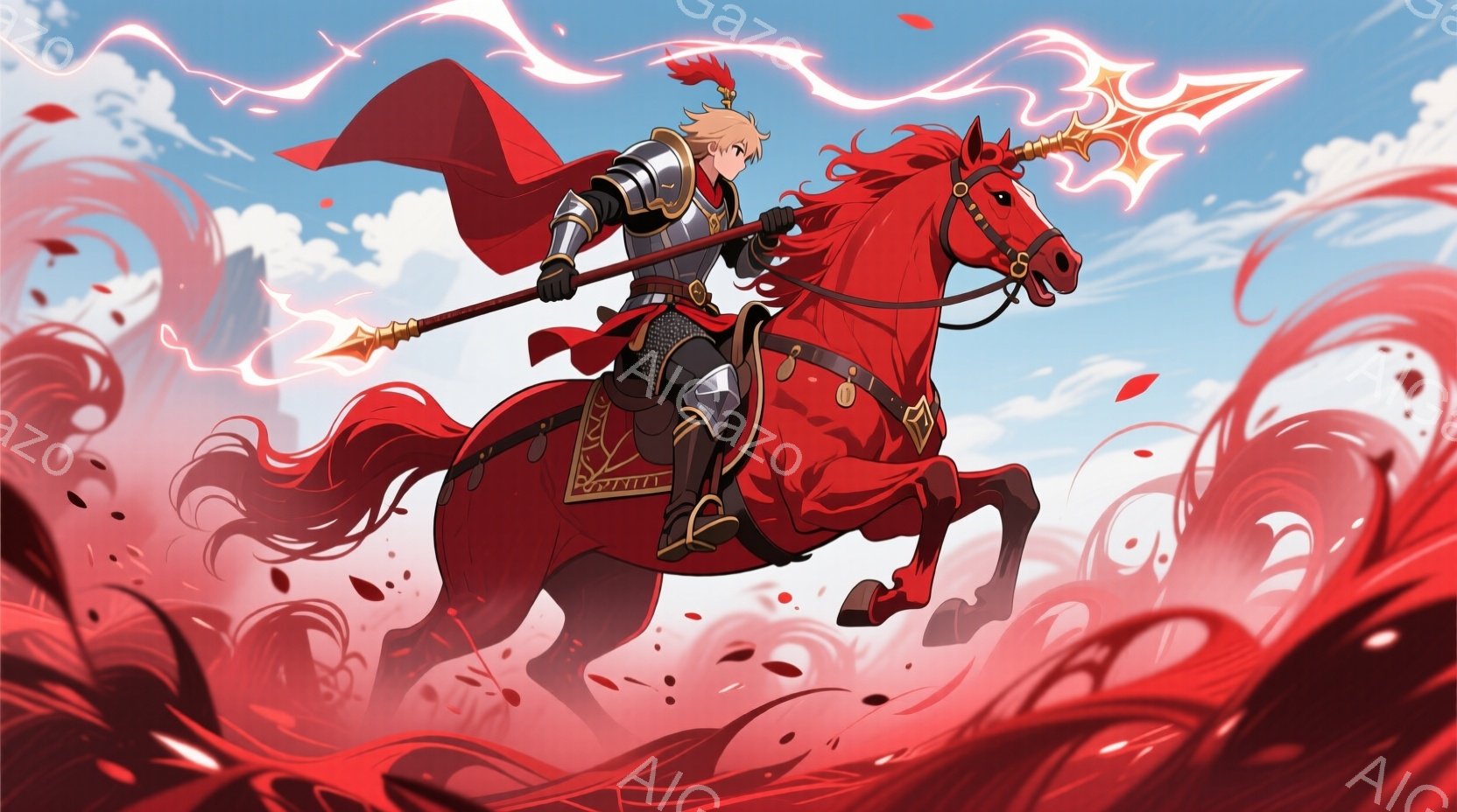 金髪の戦士が赤い馬に乗り、槍を構えて疾走している。戦士は銀と赤の鎧を身につけ、赤いマントを背負っており、表情は決意に満ちている。背景は燃えるような赤いエフェクトと青空で、躍動感と力強い雰囲気を醸し出し - AI生成フリー素材