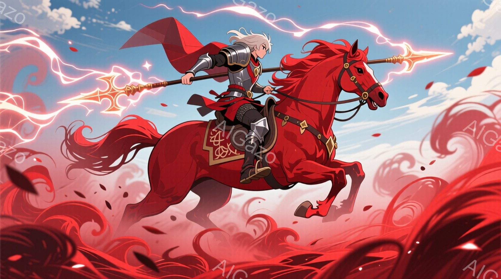 赤い馬にまたがった女性が描かれており、鎧と赤いマントを身につけています。彼女は槍を構え、決意に満ちた表情で前進しています。背景は燃えるような赤色の渦巻きと、薄い青空が広がっており、激しい戦いや冒険の雰 - AI生成フリー素材