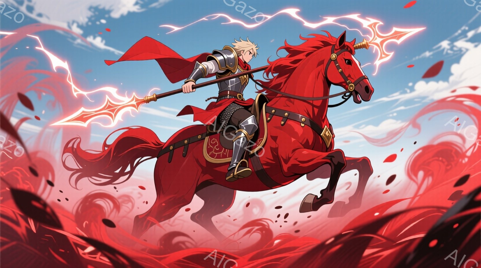 赤い馬に乗った戦士が描かれている。彼は金髪で、メッシュ加工された鎧を身に着け、赤いマントを背負っている。背景は燃えるような赤色のエネルギーと雲で構成されており、力強く、活気に満ちた雰囲気を醸し出している。