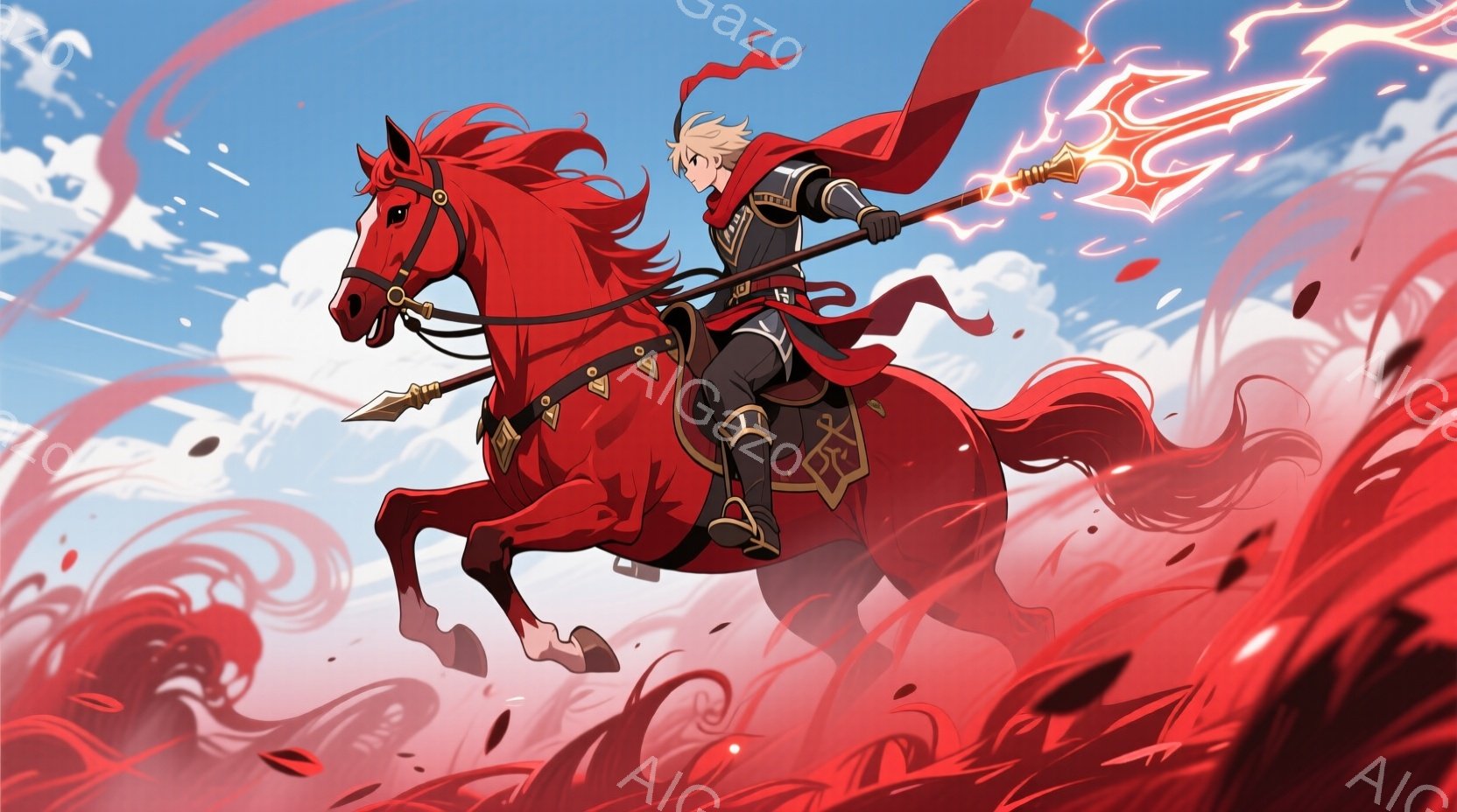 金髪碧眼の青年が、赤い毛並みの馬に跨り、槍を構えている。青年は黒と金色の装飾が施された鎧を身に着け、赤色のマントが風になびいている。背景には渦巻く赤い雲と青空が広がり、躍動感と力強さを感じさせる。 - AI生成フリー素材