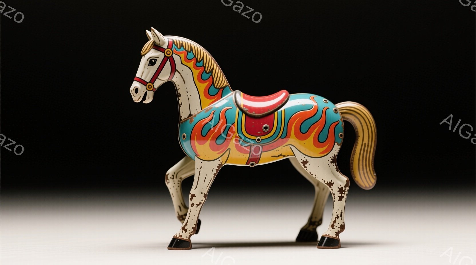 カラフルなブリキの馬のおもちゃです。クリーム色の胴体に、炎のような模様が描かれ、サドルは赤と青の配色で、全体的にレトロで懐かしい雰囲気を醸し出しています。黒色の蹄と茶色のたてがみ、そして優しい表情が特徴的で、背景は暗く、おもちゃが際立っています。