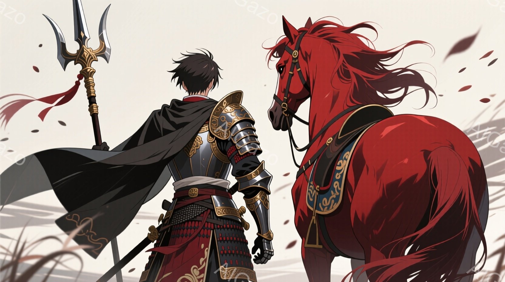 後ろ姿の武士と赤毛の馬が描かれています。武士は赤い鎧に黒い帯を締め、黒いマントを羽織っており、肩には飾り立てられた鎧が光っています。背景は淡い茶色で、草が舞い上がっており、全体的に緊張感のある、戦場の - AI生成フリー素材