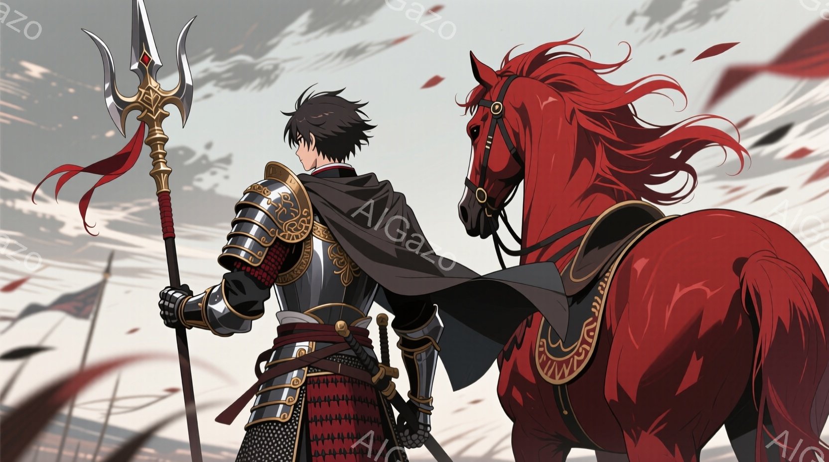 黒髪の男性戦士が、赤褐色の馬に並んで立っている。彼は、金色の装飾が施された黒い鎧を身に着け、赤いマントを羽織り、手に三叉の槍を持っている。背景には、ぼやけた旗と戦場のような風景が広がり、全体的に力強く - AI生成フリー素材