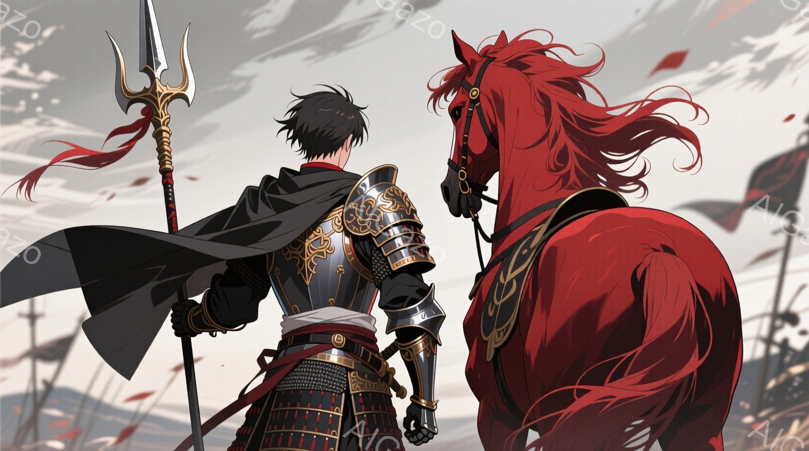 漆黒の髪を持つ男性が、金と黒の鎧を身に着け、赤い馬の隣に立っている。彼は背中に黒い布を羽織り、手に槍を持っている。背景には、ぼやけた旗や兵士らしき姿が見え、戦場の雰囲気が漂っている。 - AI生成フリー素材