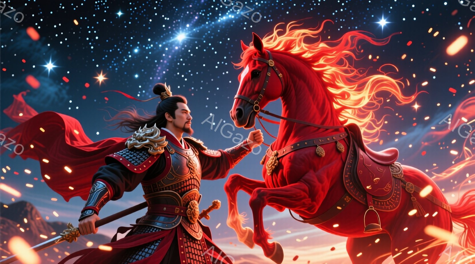 鮮やかな赤色の背景に、武将と馬が描かれています。武将は黒髪を後ろで結い、赤い装甲と黒い衣服を身につけ、力強い表情で剣を構えています。馬は炎のように輝くたてがみと尾を持ち、力強く立ち上がり、まるで戦場に - AI生成フリー素材