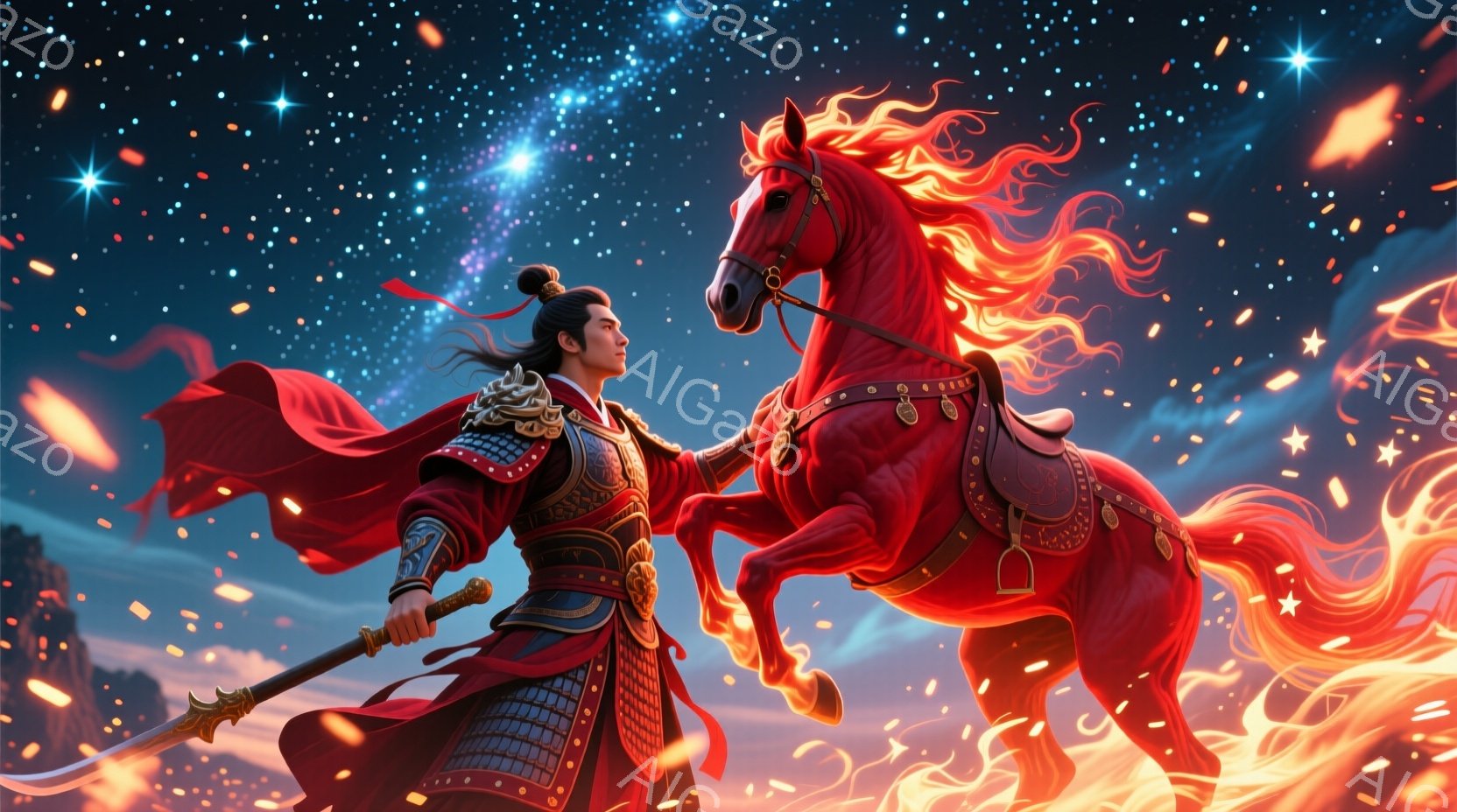 長い黒髪をなびかせた男性は、赤い鎧と黒い衣装を身に着け、剣を構えて立っている。燃え盛る赤い馬が躍動しており、まるで炎の精霊のようだ。背景には星空と燃え上がる炎が広がり、力強く神秘的な雰囲気を醸し出して - AI生成フリー素材