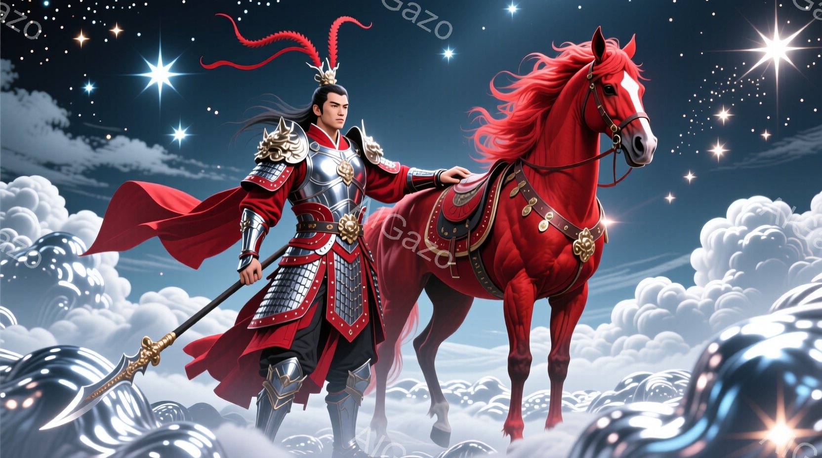 鮮やかな赤色の衣装を身につけた男性が、同じく赤い毛並みの馬にまたがっています。彼は金色の装飾が施された鎧を身につけ、黒い髪を後ろで束ねた姿は勇ましい戦士を思わせます。背景には雲海が広がり、星が輝く夜空が、壮大で幻想的な雰囲気を醸し出しています。